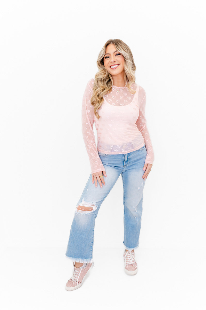 Benny Bow Embroidered Mesh Top - Whiskey Darling Boutique
