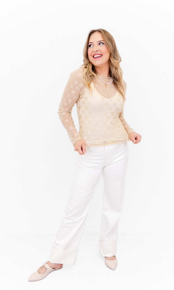 Benny Bow Embroidered Mesh Top - Whiskey Darling Boutique