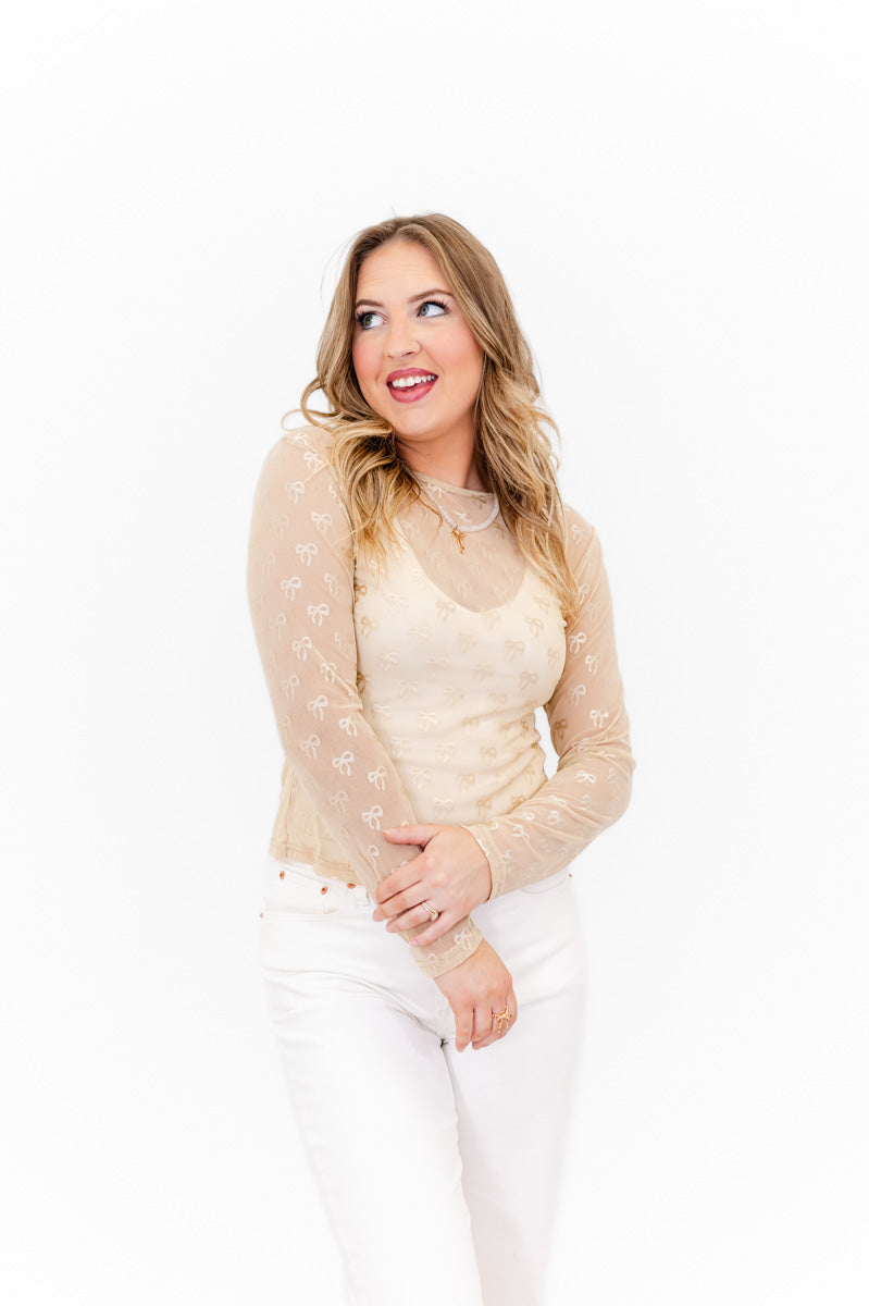 Benny Bow Embroidered Mesh Top - Whiskey Darling Boutique