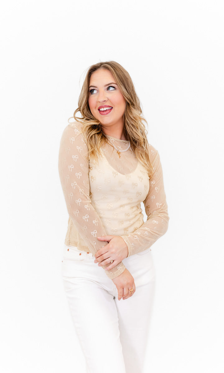 Benny Bow Embroidered Mesh Top - Whiskey Darling Boutique