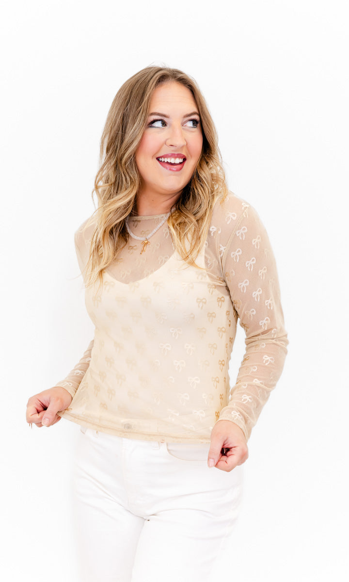 Benny Bow Embroidered Mesh Top - Whiskey Darling Boutique