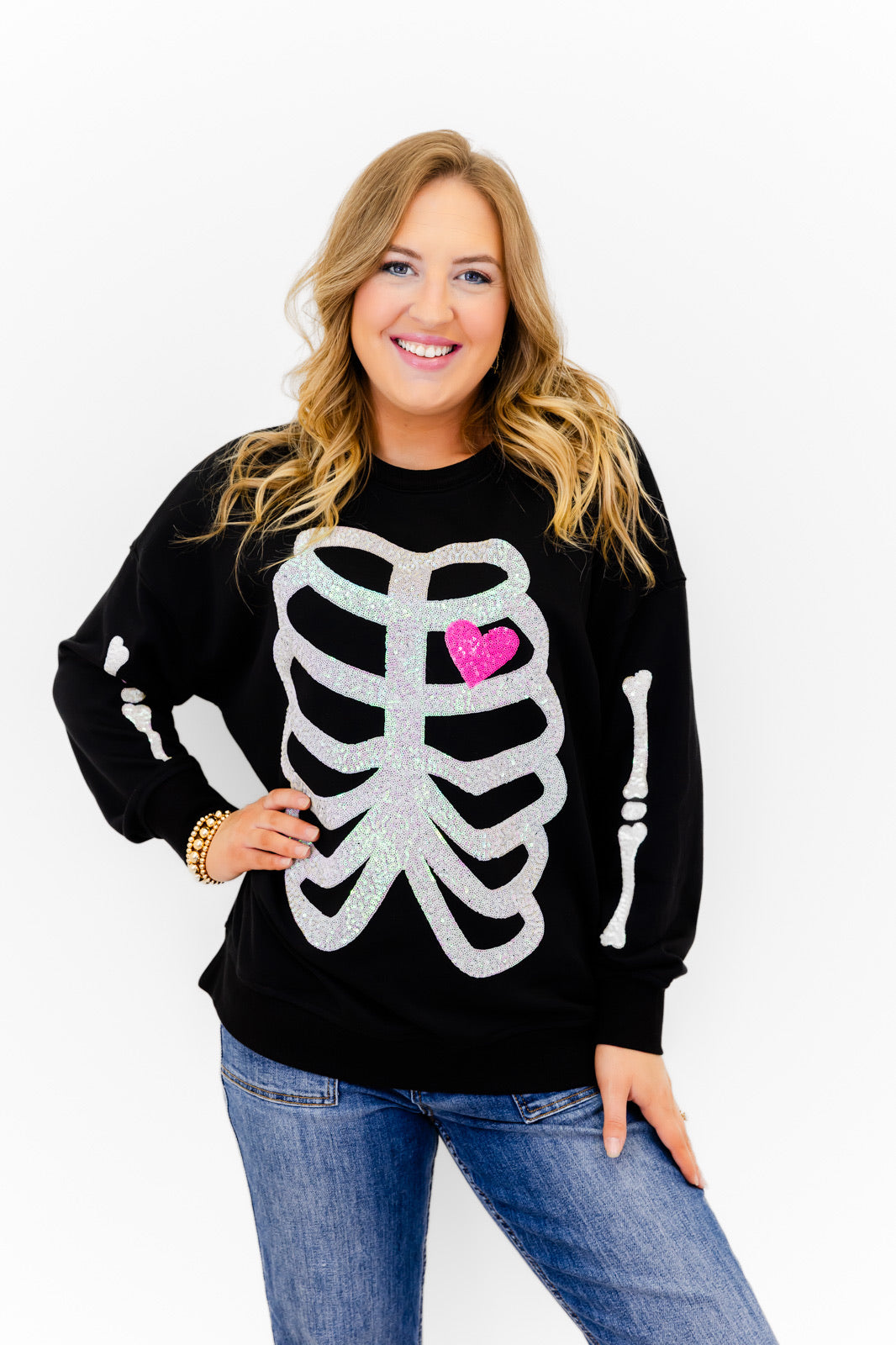 Skeleton Sequin Embellished Sweatshirt - Whiskey Darling Boutique