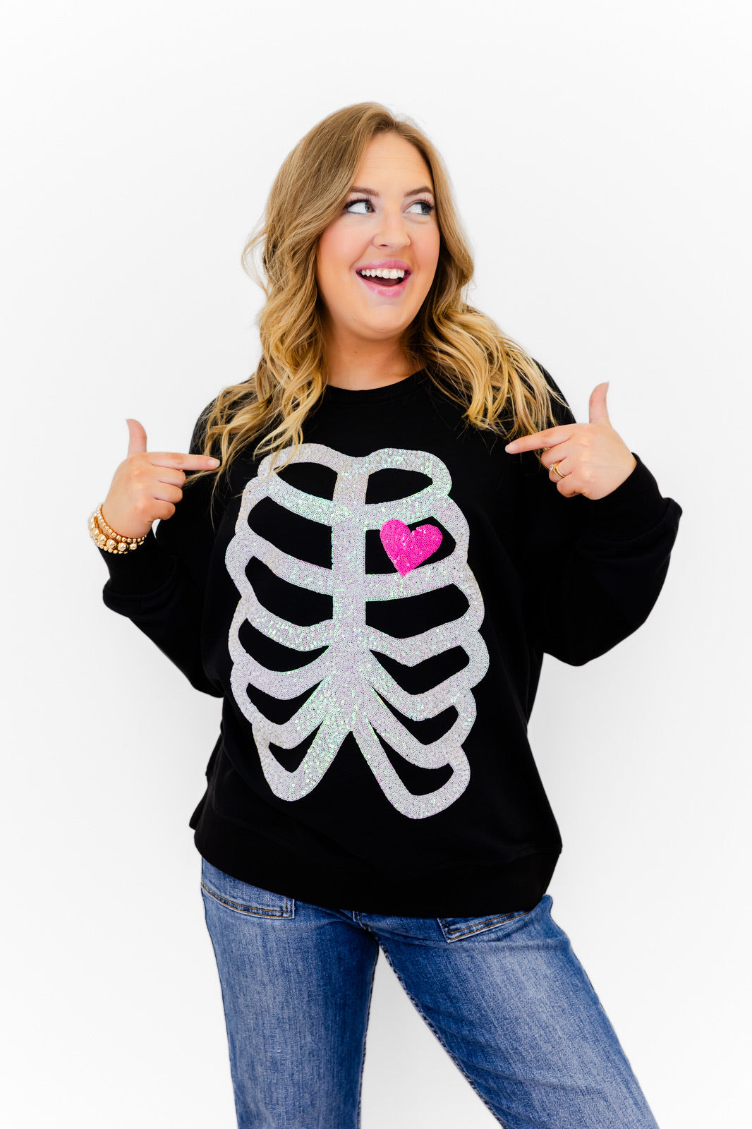 Skeleton Sequin Embellished Sweatshirt - Whiskey Darling Boutique