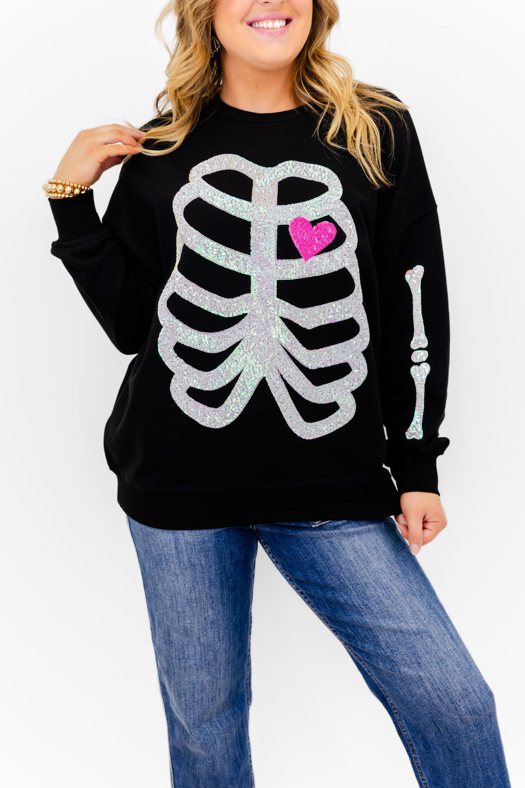 Skeleton Sequin Embellished Sweatshirt - Whiskey Darling Boutique