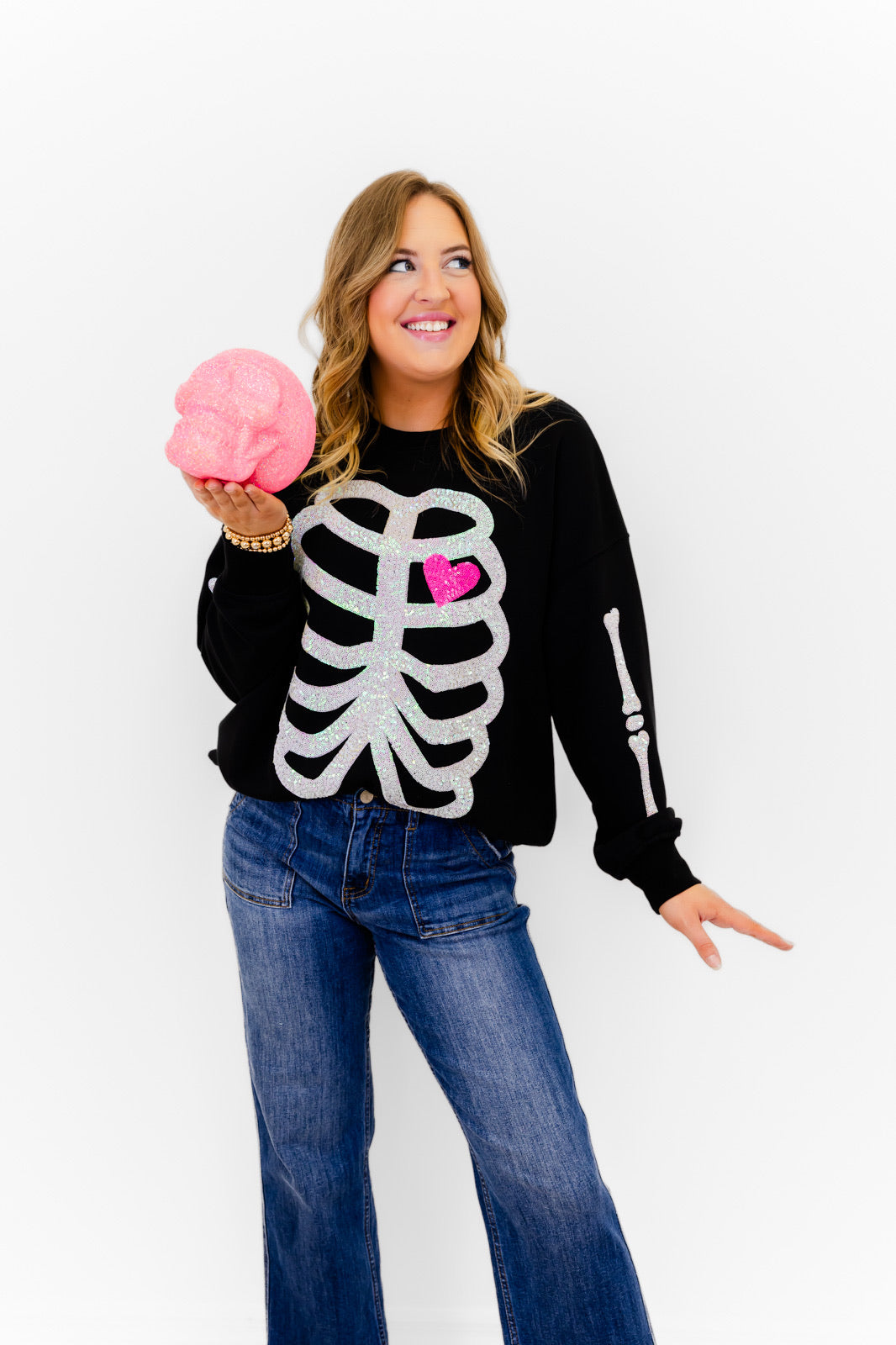 Skeleton Sequin Embellished Sweatshirt - Whiskey Darling Boutique