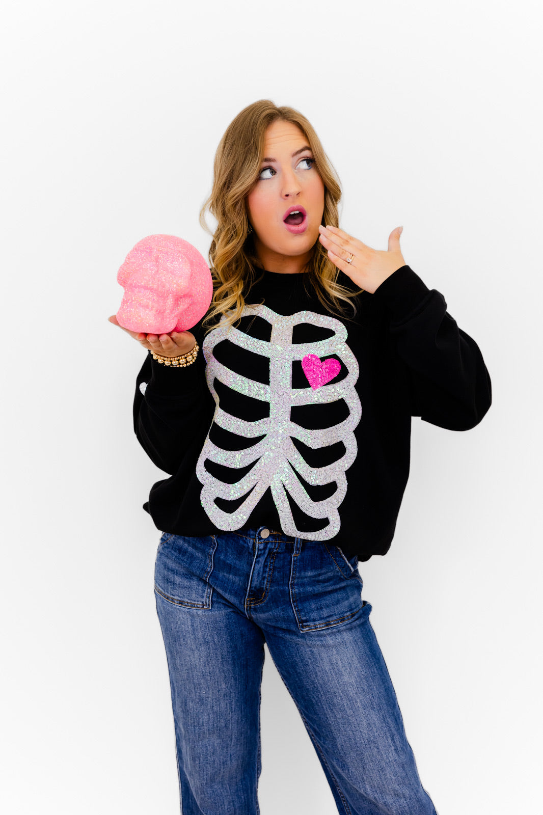 Skeleton Sequin Embellished Sweatshirt - Whiskey Darling Boutique