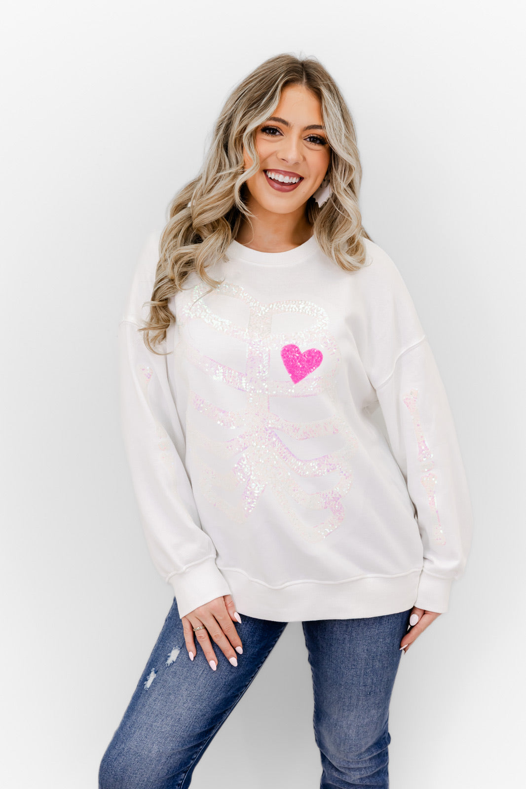Skeleton Sequin Embellished Sweatshirt - Whiskey Darling Boutique