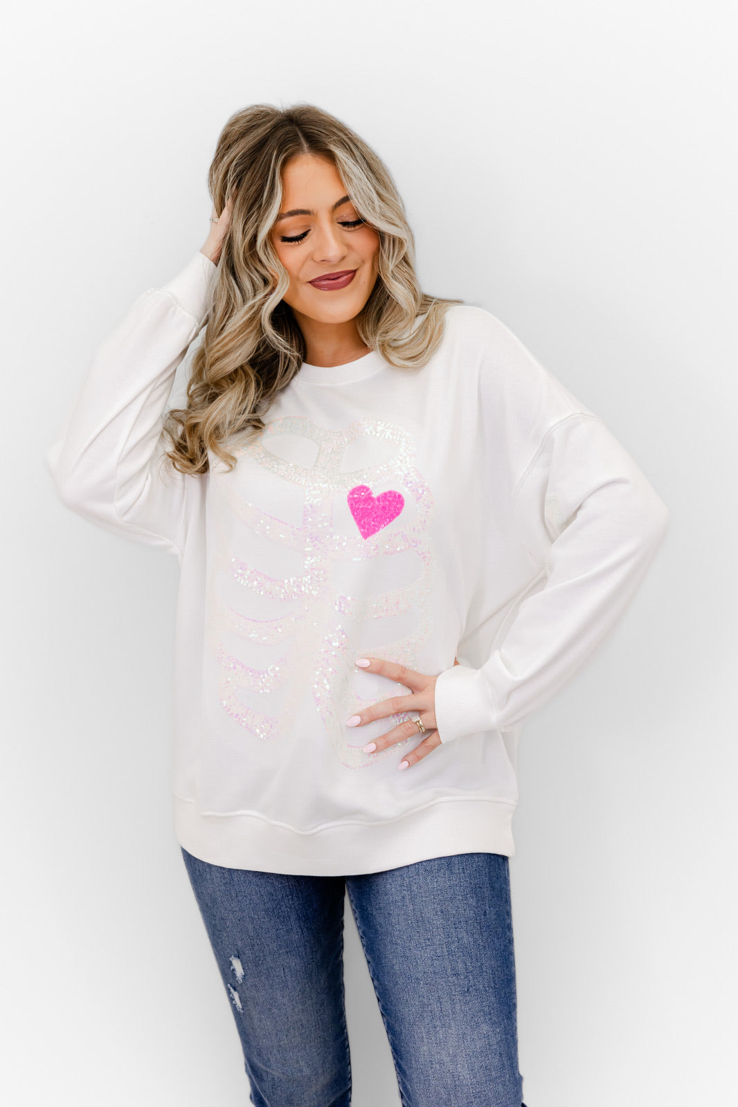 Skeleton Sequin Embellished Sweatshirt - Whiskey Darling Boutique