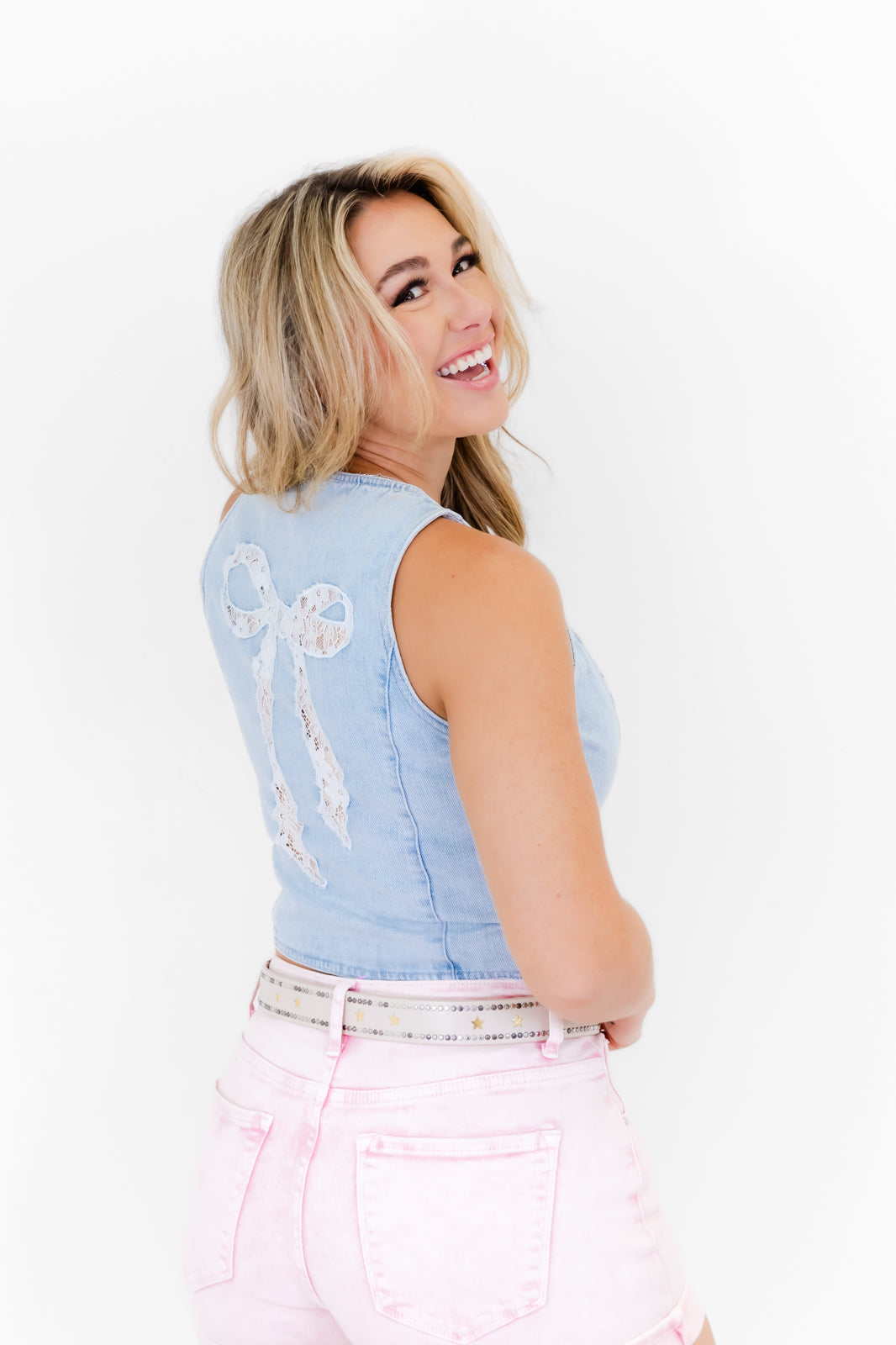 Lace Bow Washed Denim Vest - Whiskey Darling Boutique