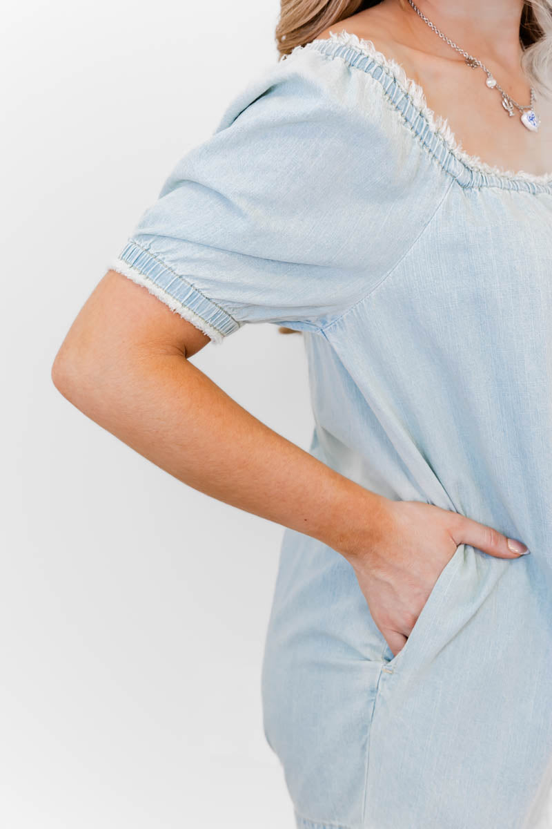 Maisy Mineral Washed Romper - Light Denim - Whiskey Darling Boutique