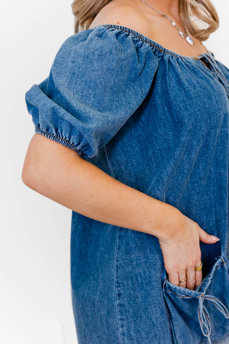 Dakota Puff Sleeve Denim Romper - Whiskey Darling Boutique