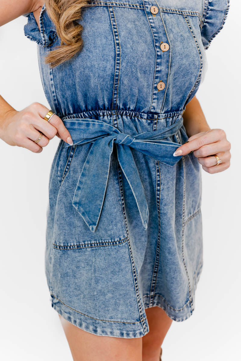 Denim And Ruffles Mini Dress - Whiskey Darling Boutique