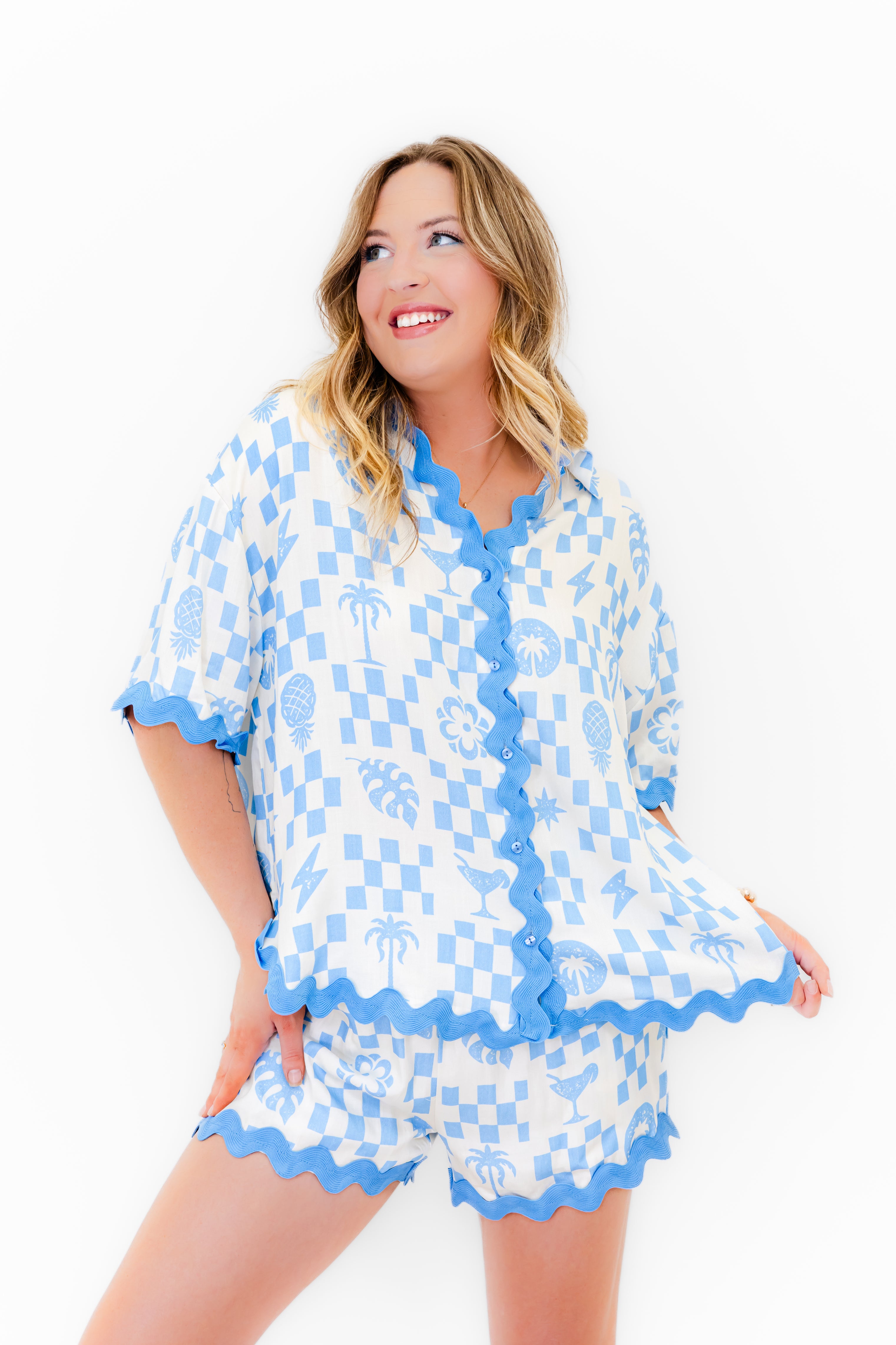 Paradise Check Rickrack Trim Blouse - Whiskey Darling Boutique