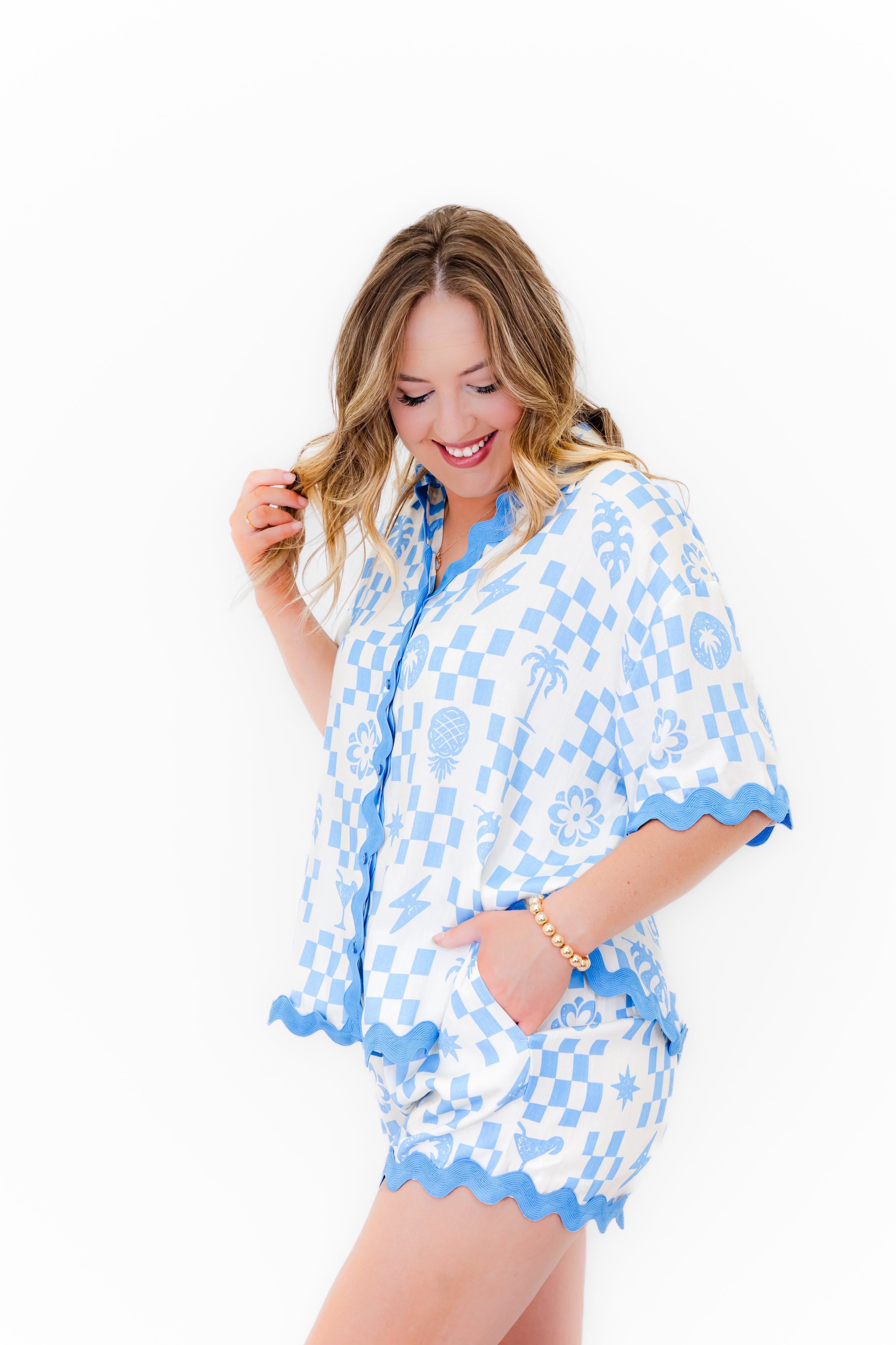 Paradise Check Rickrack Trim Blouse - Whiskey Darling Boutique