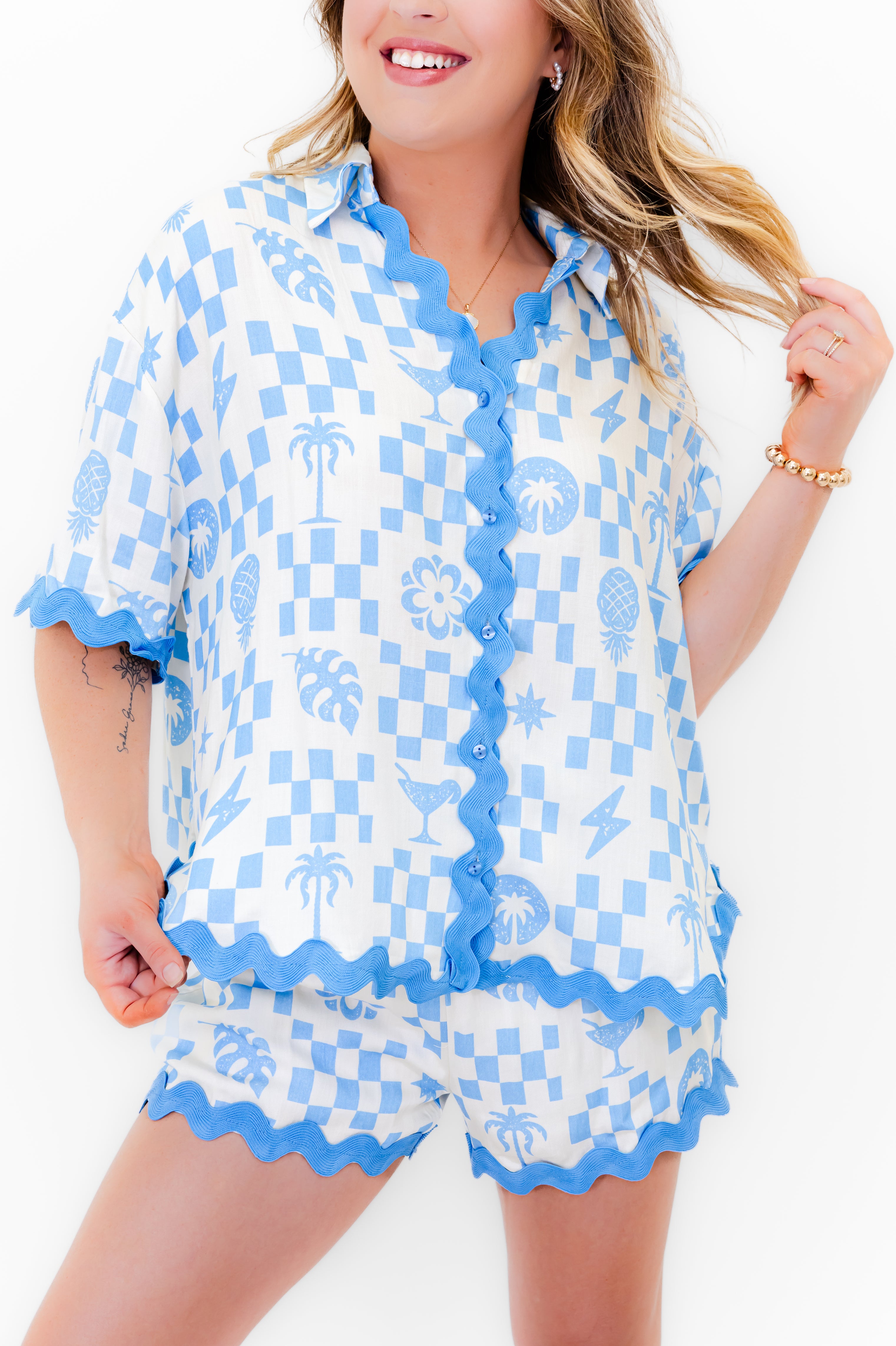 Paradise Check Rickrack Trim Blouse - Whiskey Darling Boutique
