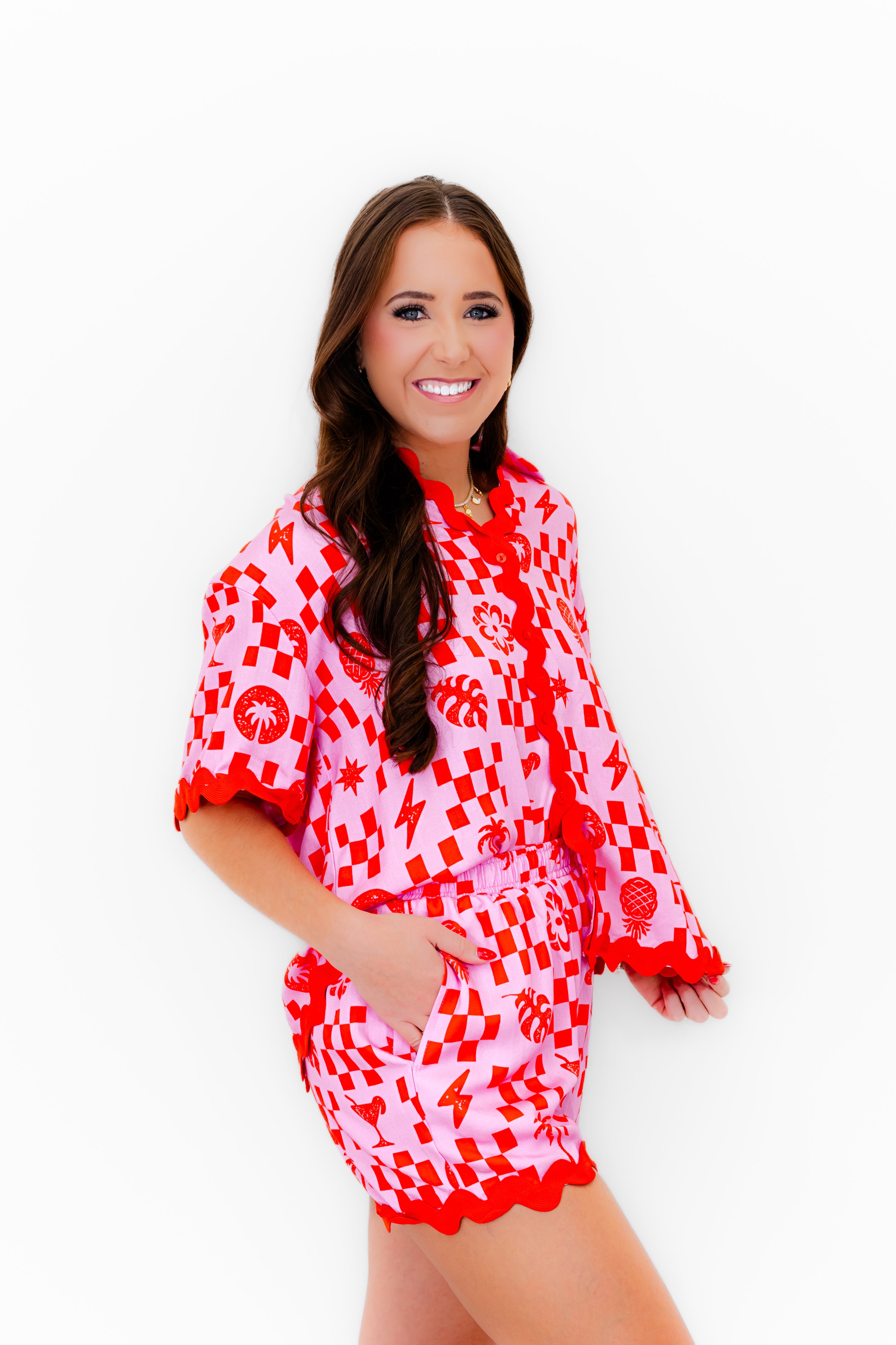 Paradise Check Rickrack Trim Blouse - Whiskey Darling Boutique