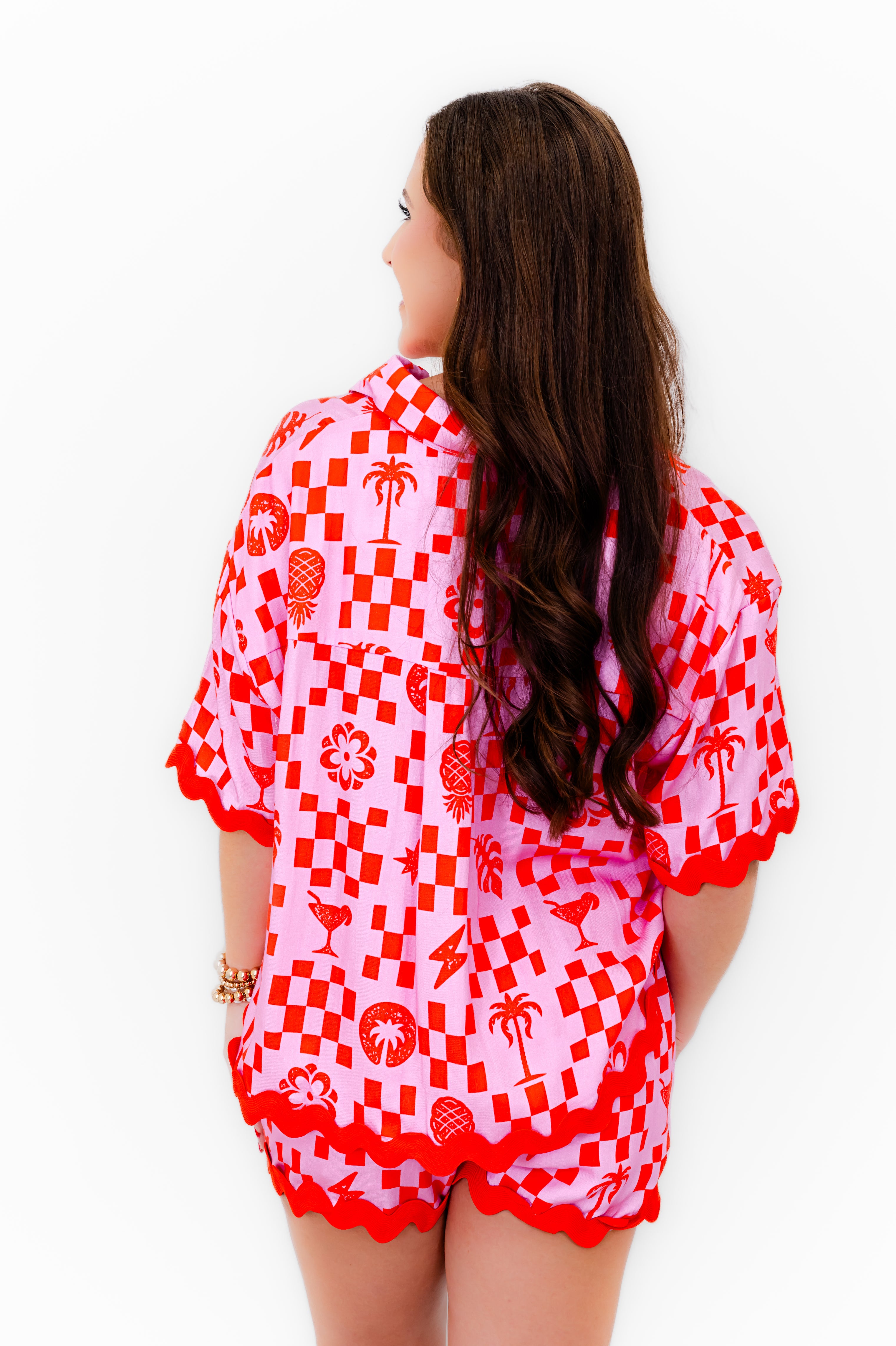 Paradise Check Rickrack Trim Blouse - Whiskey Darling Boutique