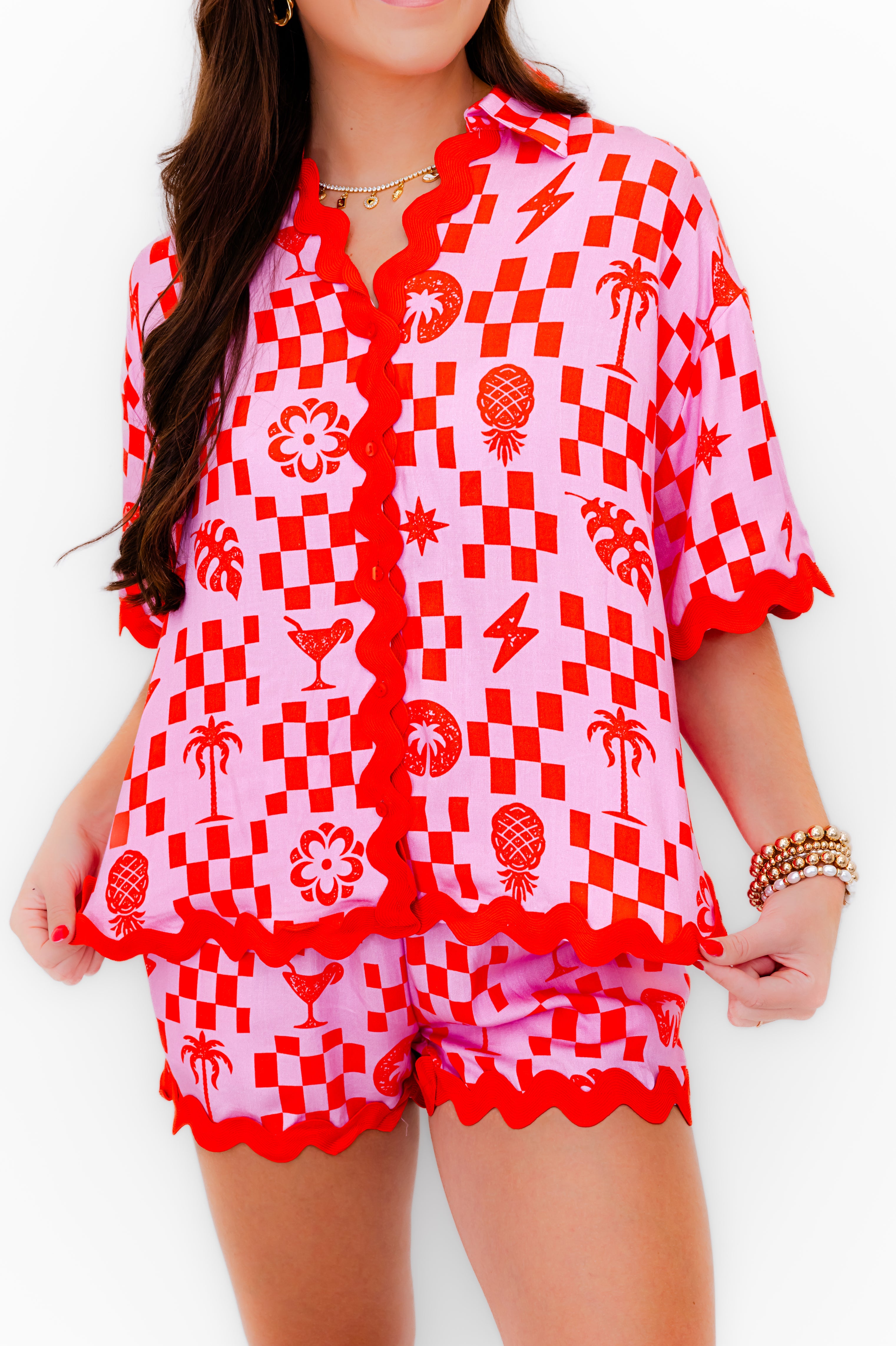 Paradise Check Rickrack Trim Blouse - Whiskey Darling Boutique