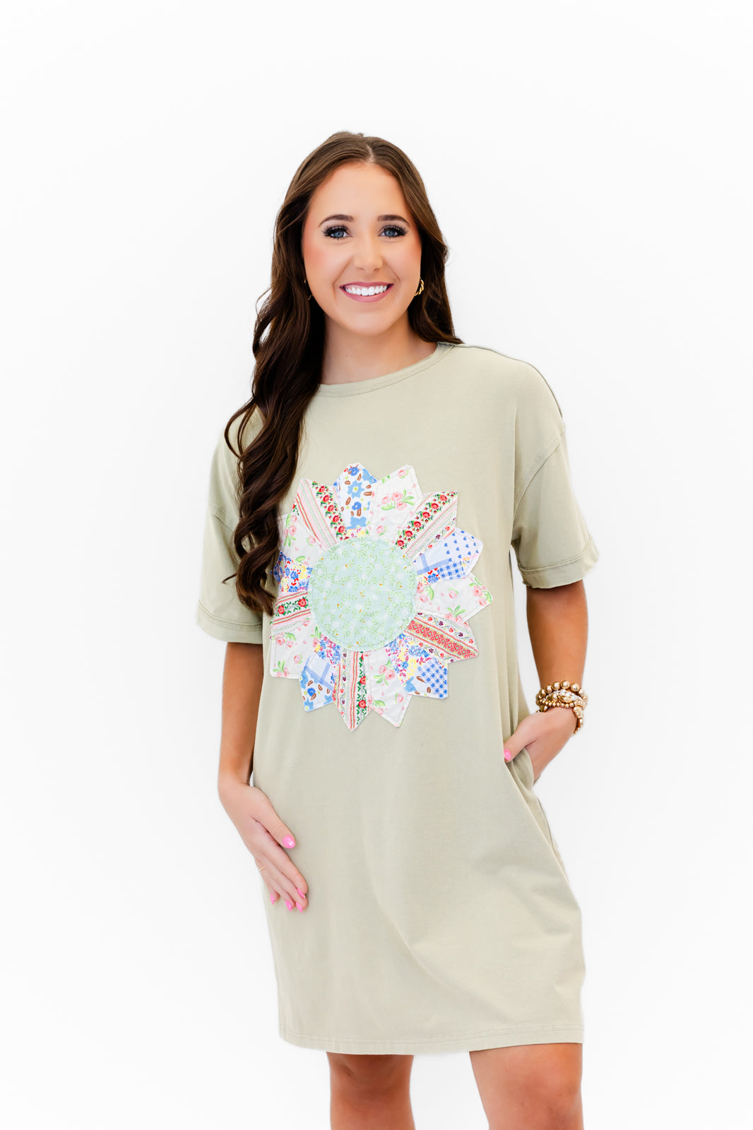 Boho Floral Patch Quilted T-Shirt Dress - Whiskey Darling Boutique