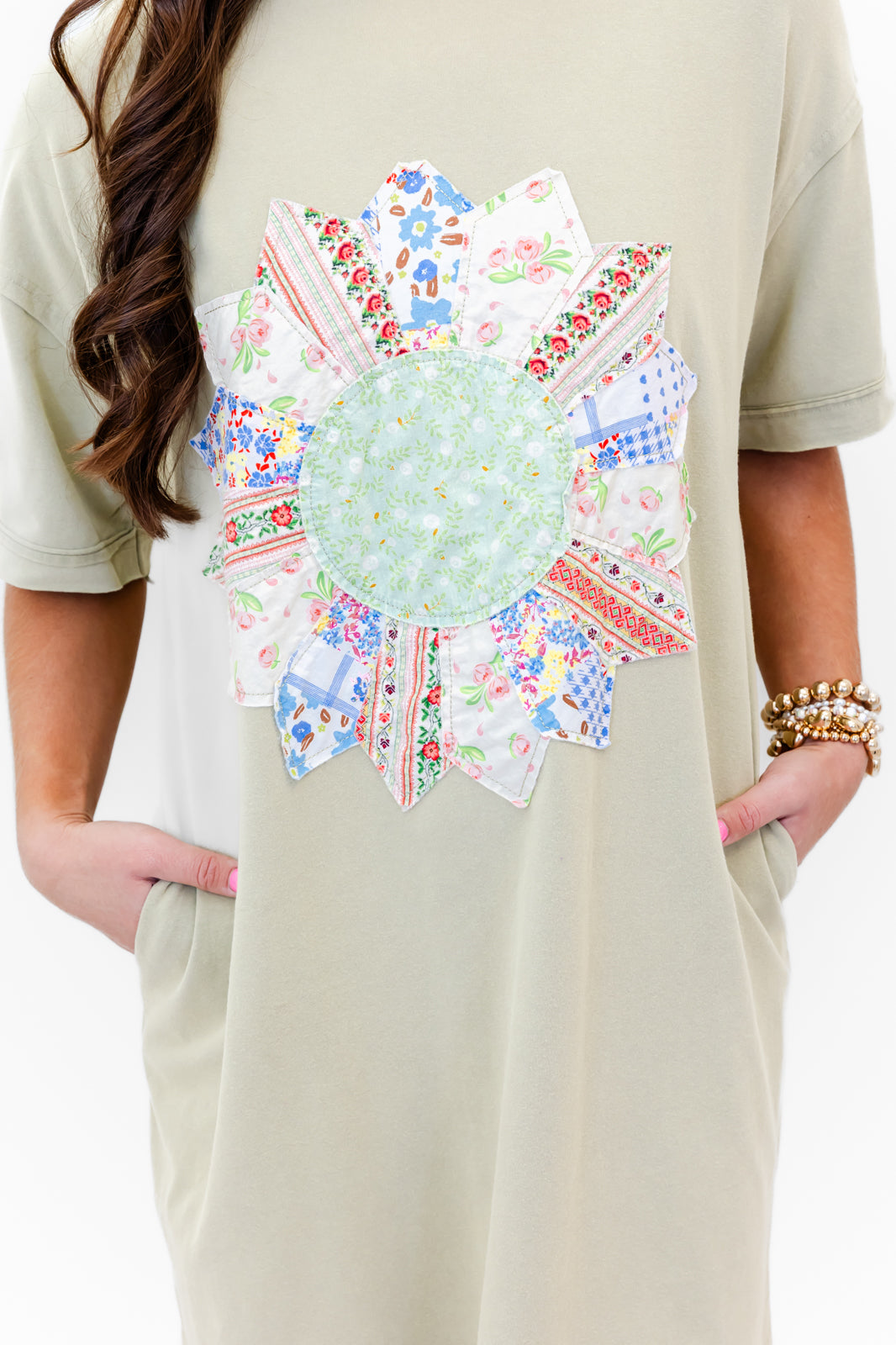 Boho Floral Patch Quilted T-Shirt Dress - Whiskey Darling Boutique