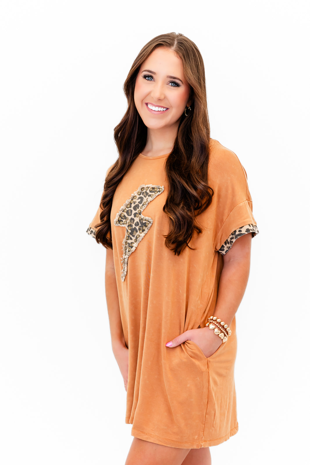 Lightning Leopard Pocketed T-Shirt Dress - Whiskey Darling Boutique