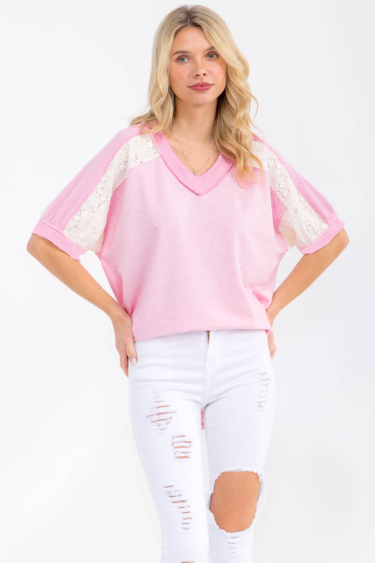V Neck Textured Contrast Knit Top T6189 - Whiskey Darling Boutique