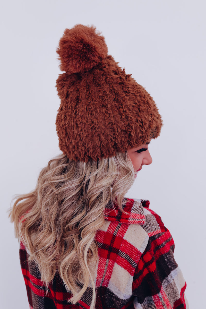 Furry Fun Pom Beanie Brown Whiskey Darling Boutique