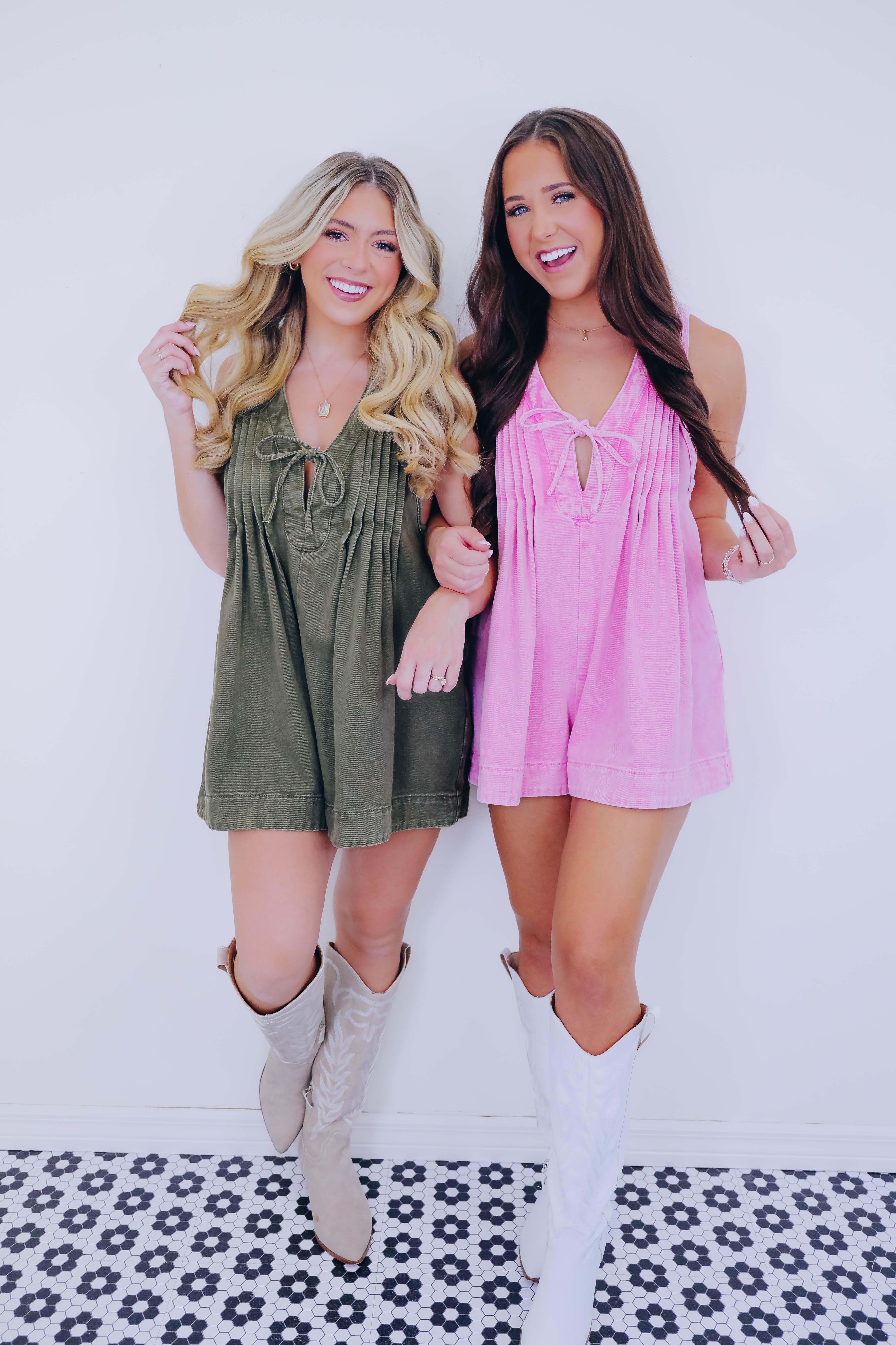 Country Cutie Pleated Denim Romper- 5 Colors - Whiskey Darling Boutique