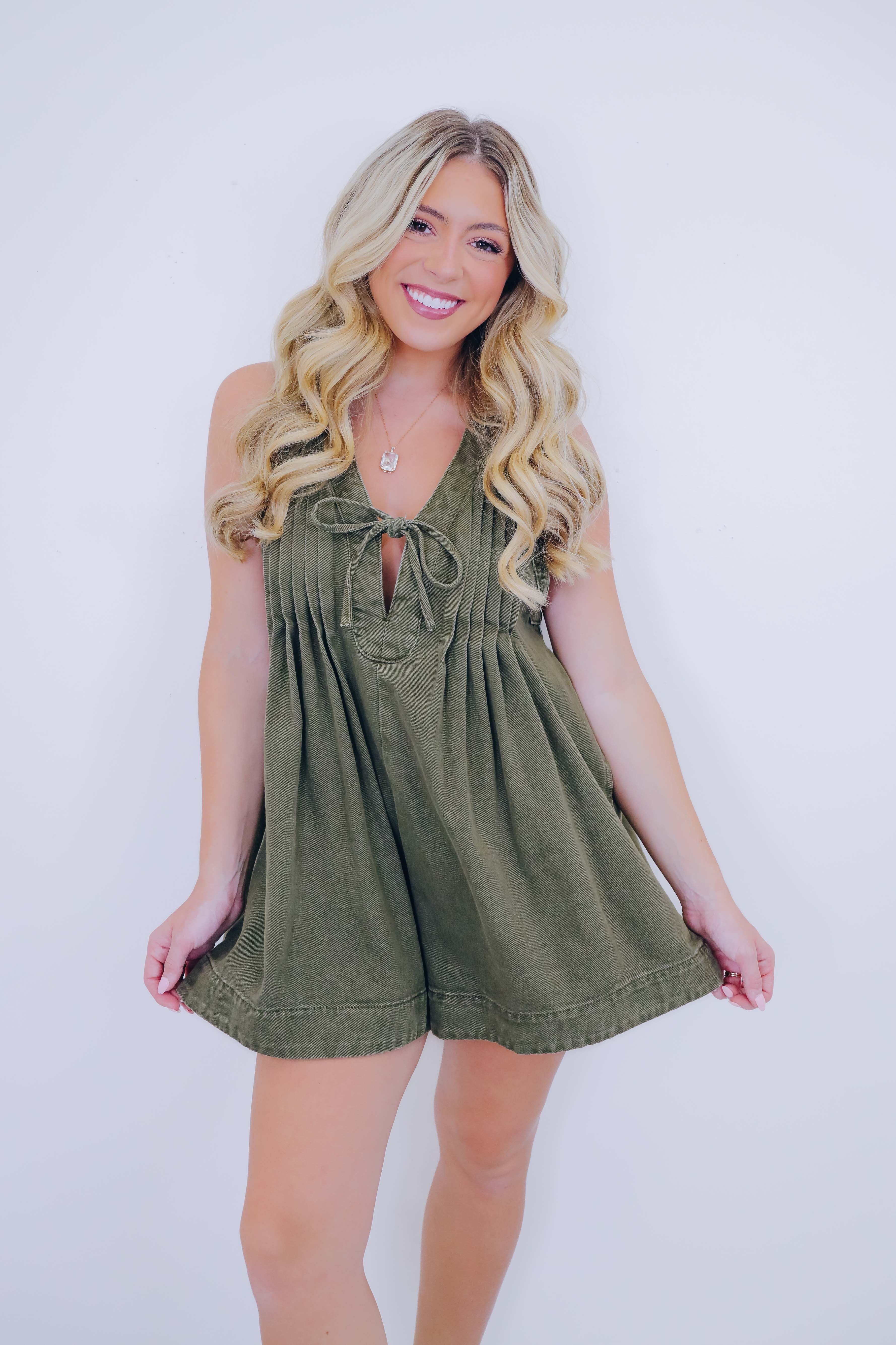 Country Cutie Pleated Denim Romper- 5 Colors - Whiskey Darling Boutique