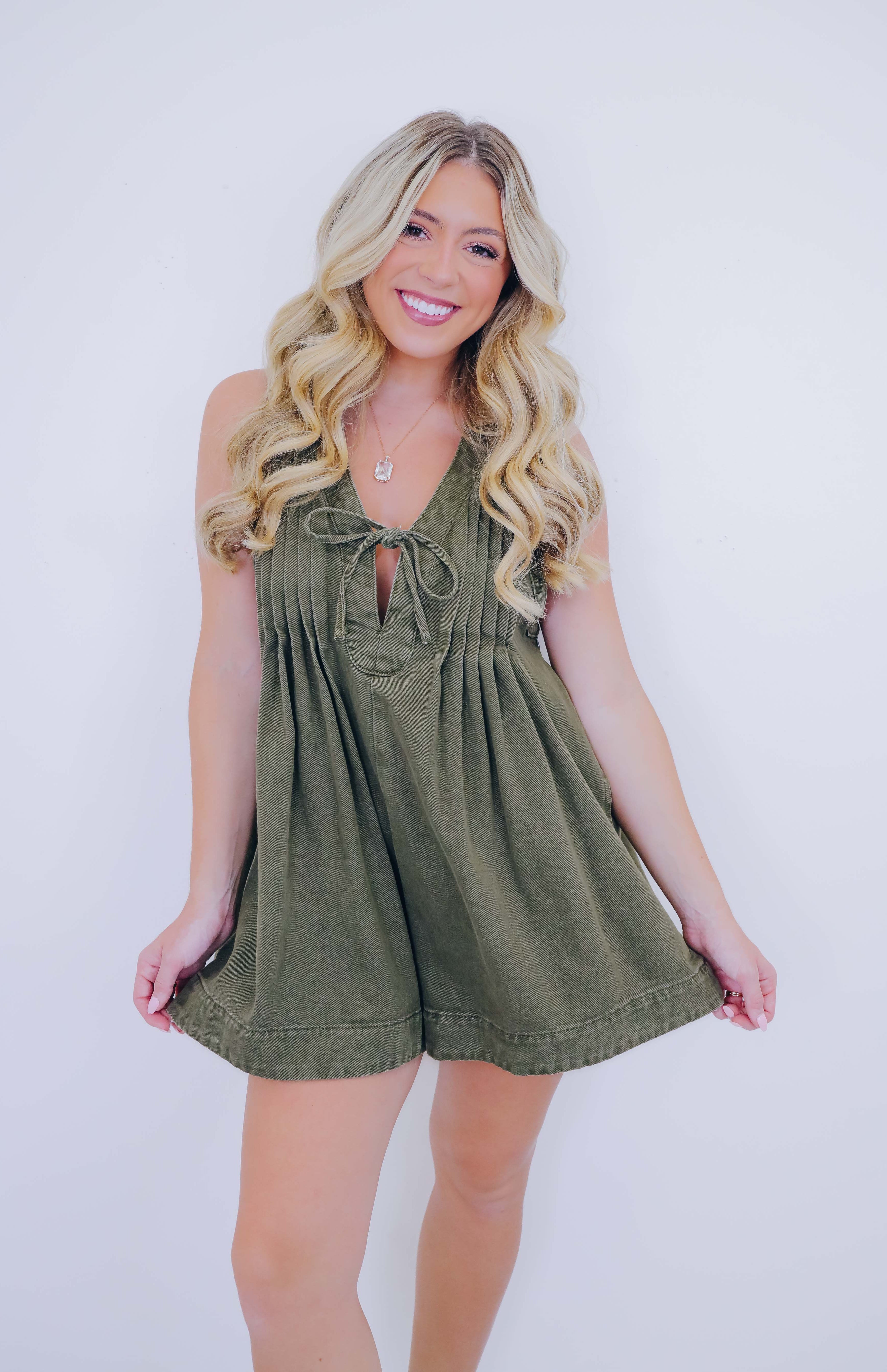Country Cutie Pleated Denim Romper- 5 Colors - Whiskey Darling Boutique