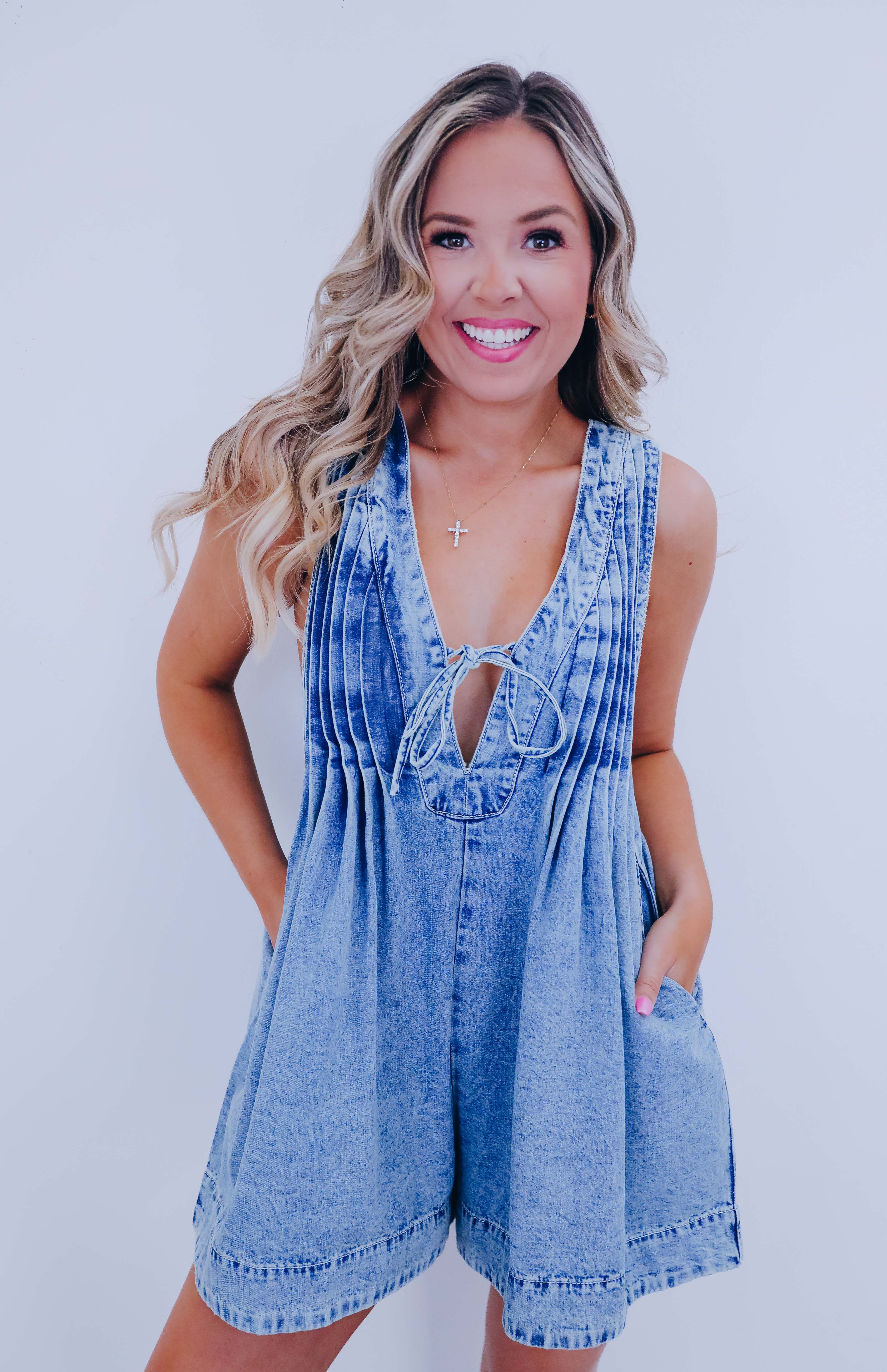 Country Cutie Pleated Denim Romper- 5 Colors - Whiskey Darling Boutique