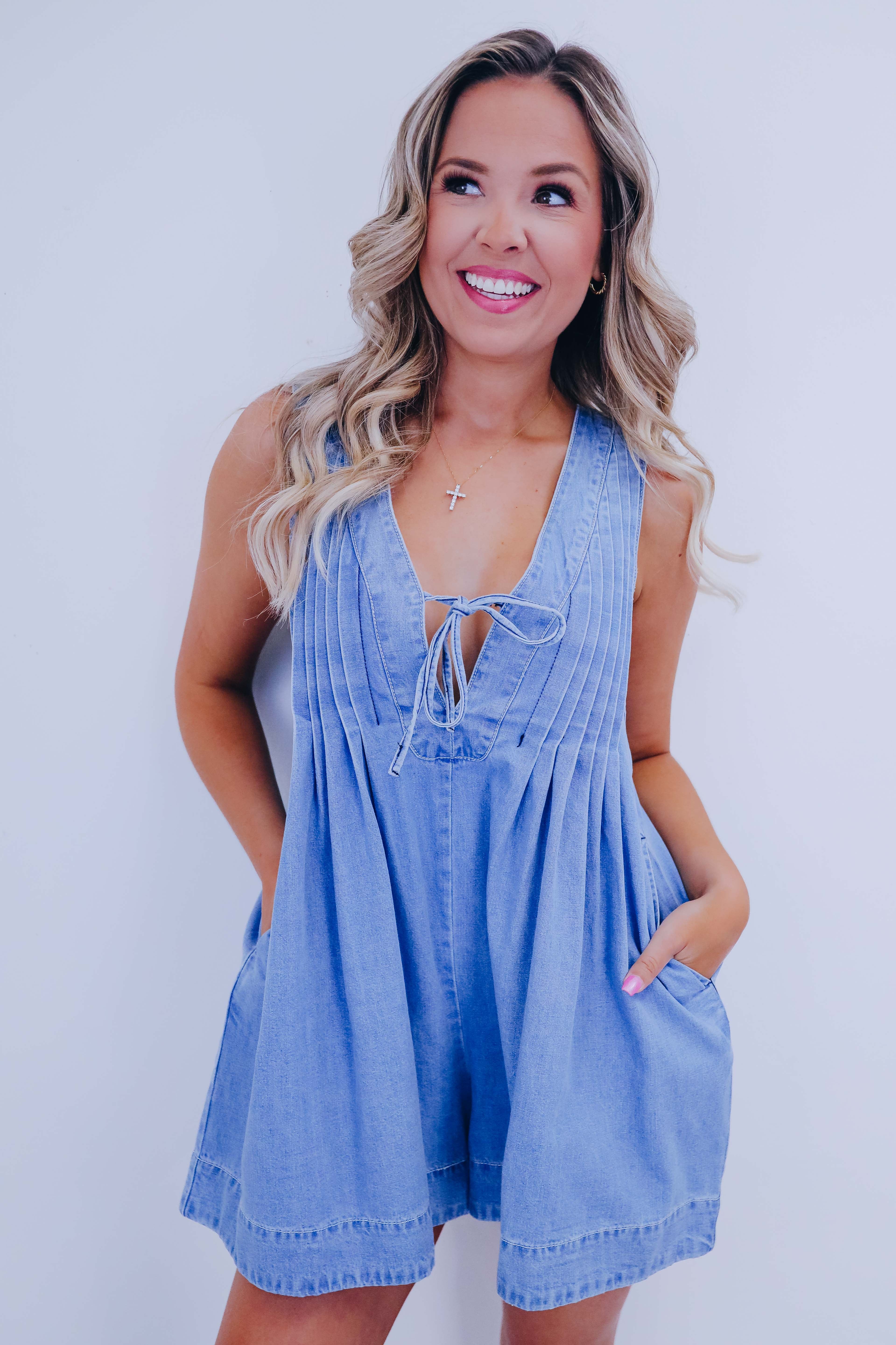 Country Cutie Pleated Denim Romper- 5 Colors - Whiskey Darling Boutique