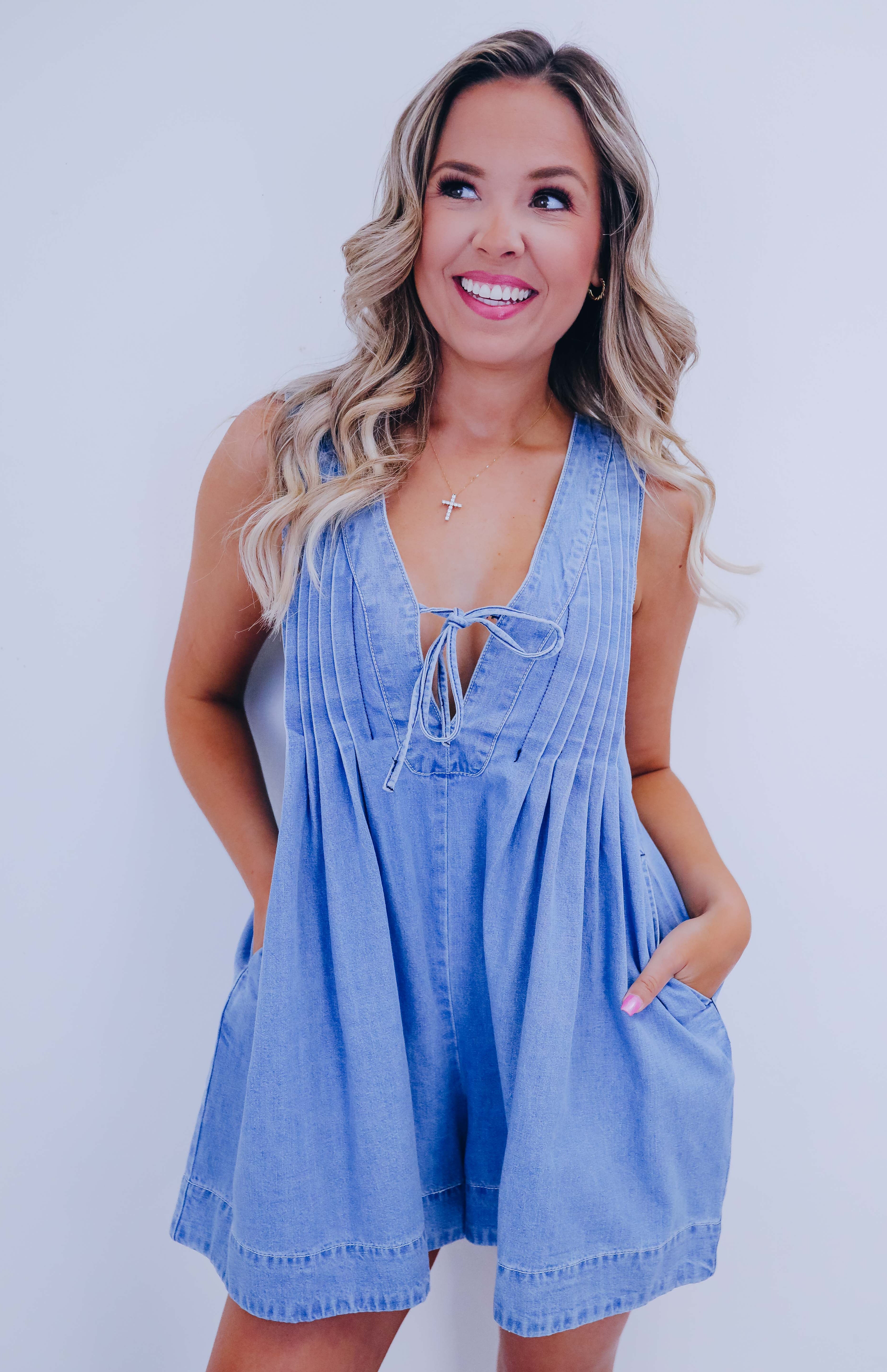 Country Cutie Pleated Denim Romper- 5 Colors - Whiskey Darling Boutique