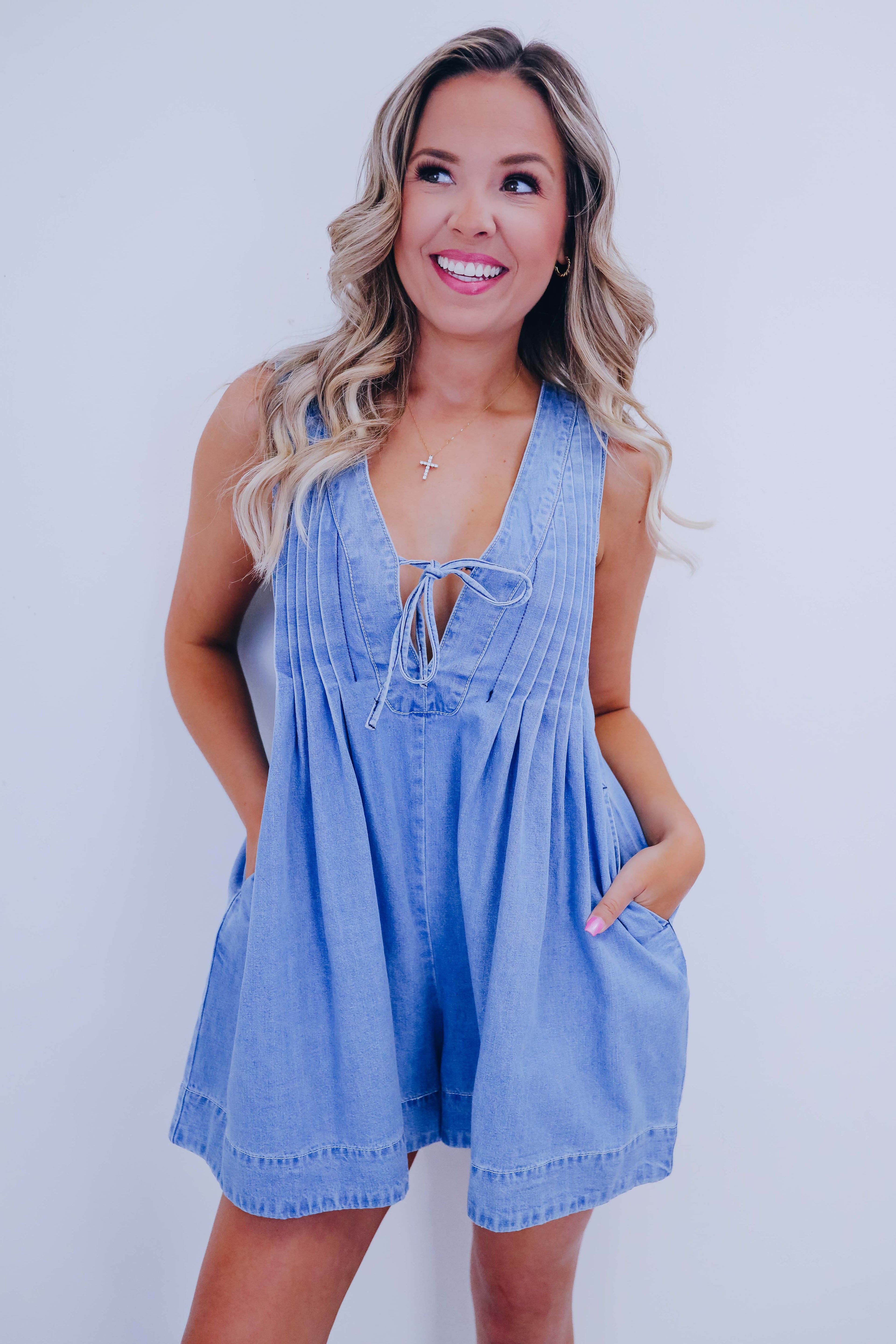 Country Cutie Pleated Denim Romper- 5 Colors - Whiskey Darling Boutique
