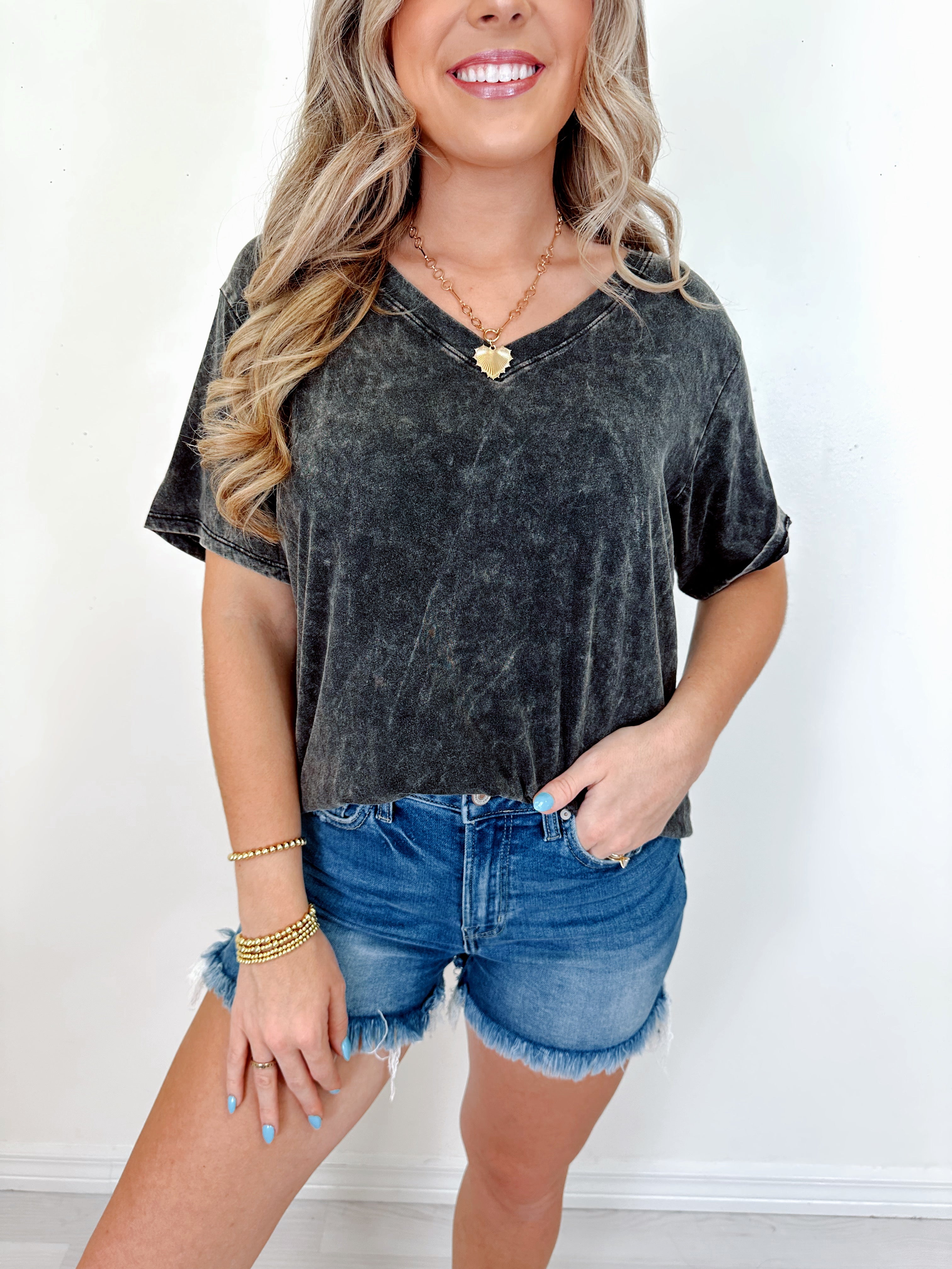 ViVi Mineral Wash V-Neck Tee - Whiskey Darling Boutique