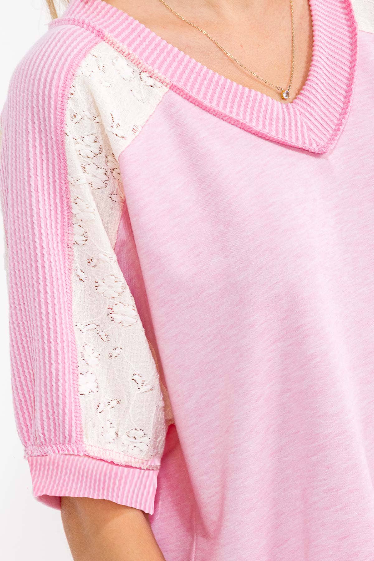 V Neck Textured Contrast Knit Top T6189 - Whiskey Darling Boutique