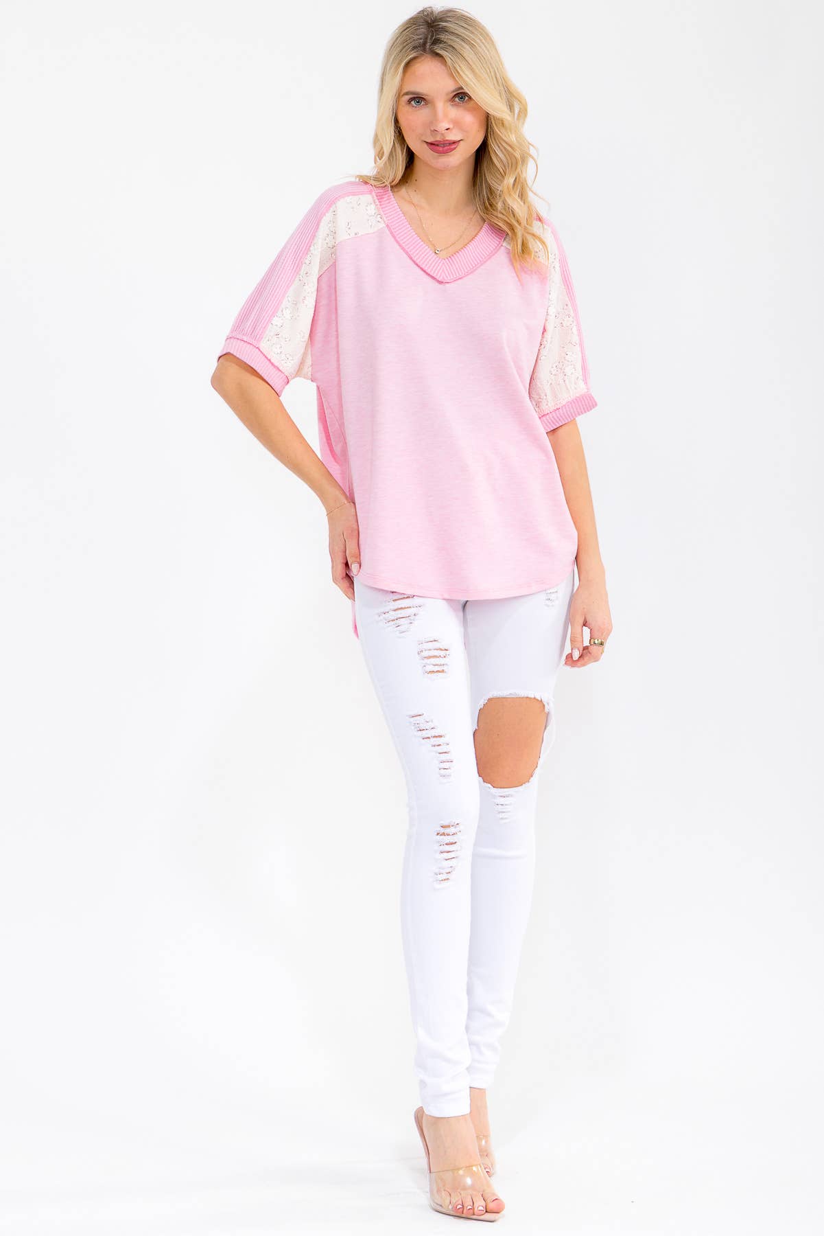 V Neck Textured Contrast Knit Top T6189 - Whiskey Darling Boutique