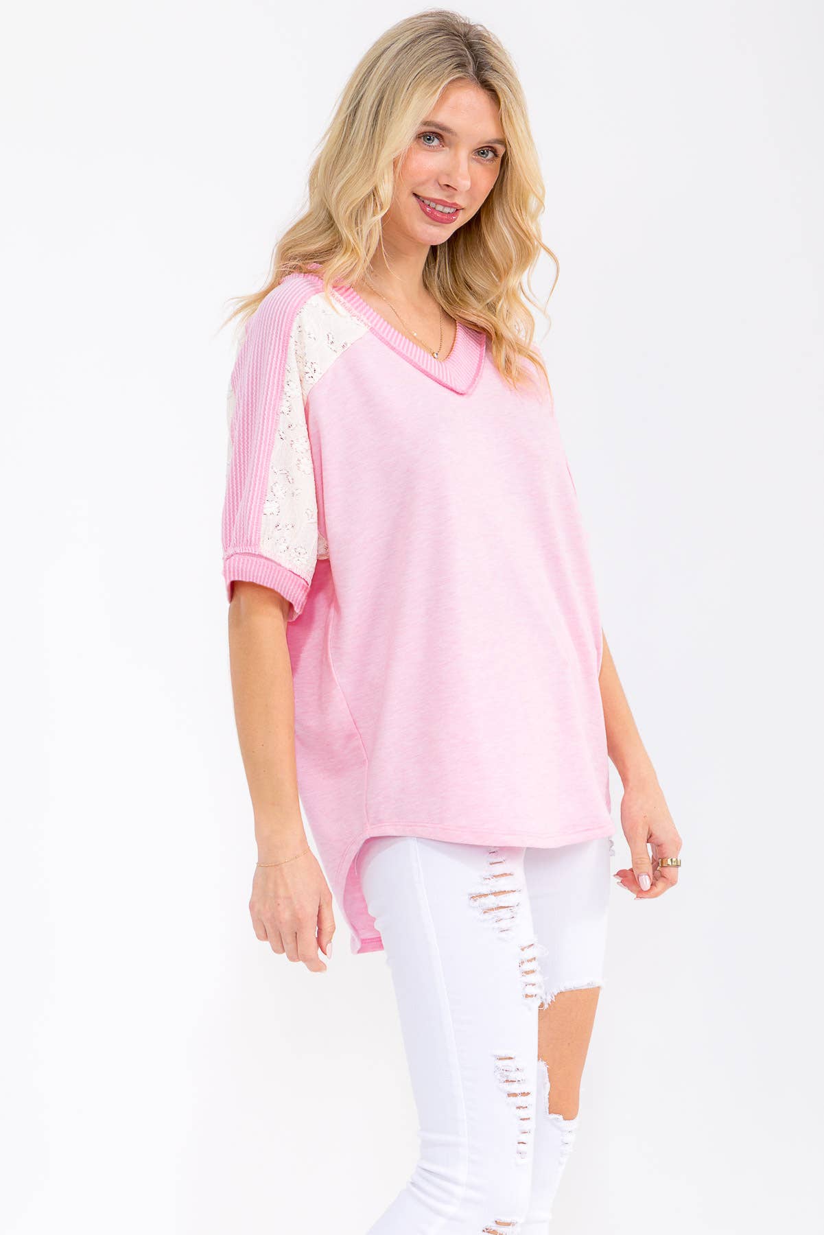 V Neck Textured Contrast Knit Top T6189 - Whiskey Darling Boutique