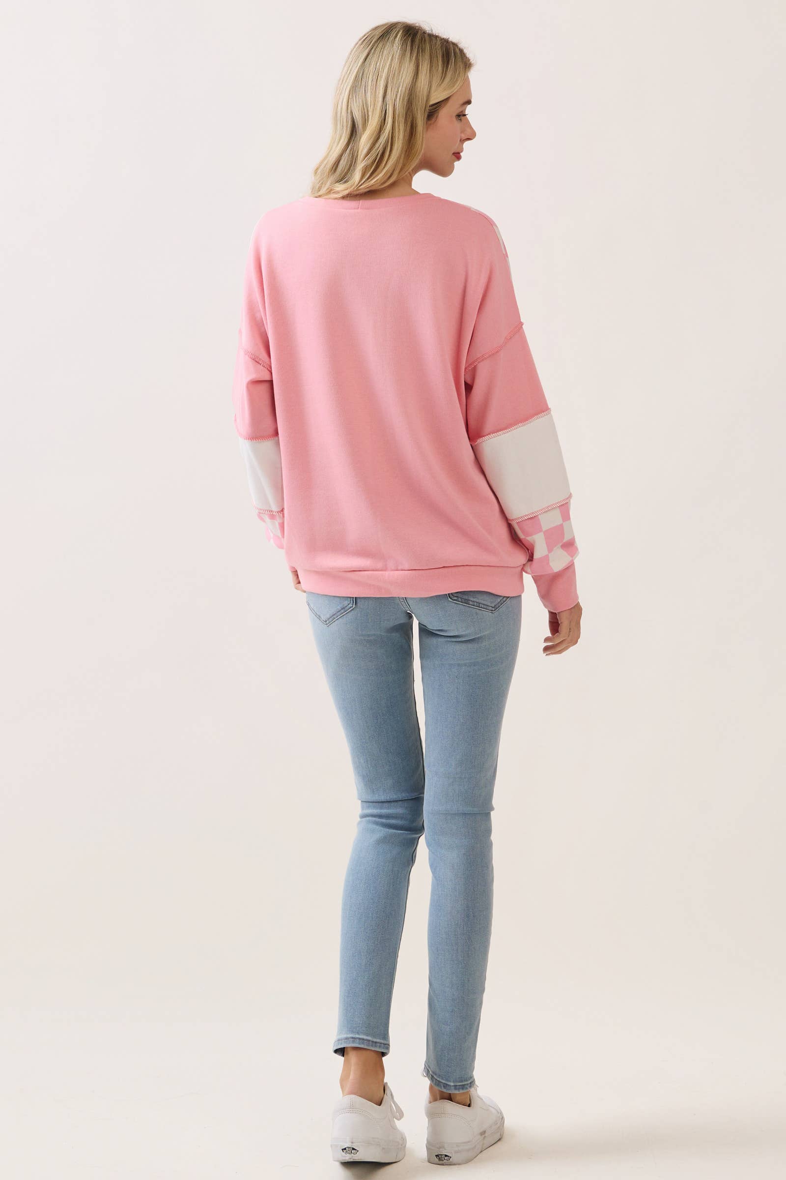 Checkered Print Patchwork pullover top T6173 - Whiskey Darling Boutique