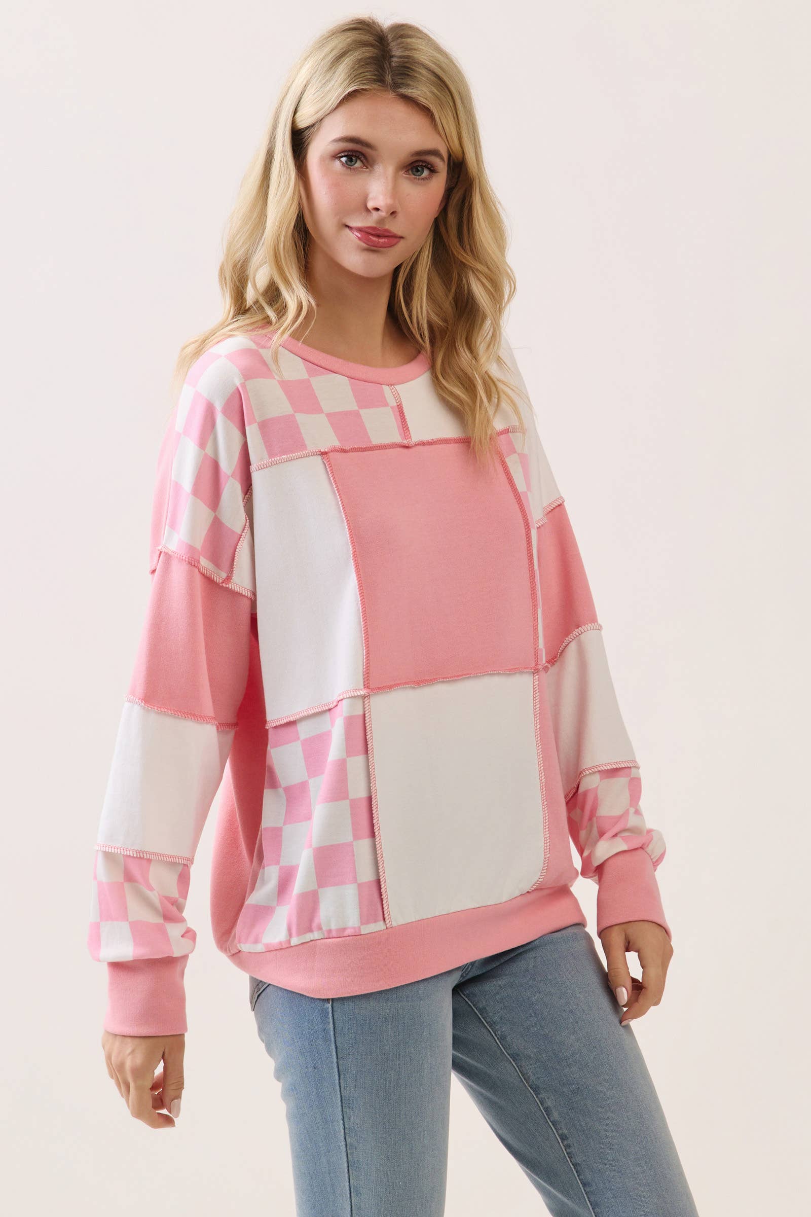 Checkered Print Patchwork pullover top T6173 - Whiskey Darling Boutique
