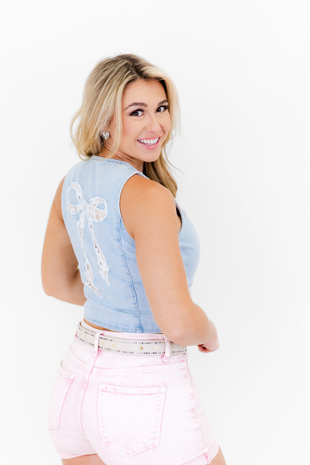 Lace Bow Washed Denim Vest - Whiskey Darling Boutique