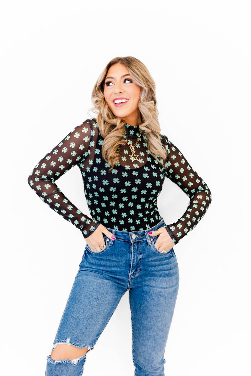 Feeling Lucky Sheer Shamrock Bodysuit - Whiskey Darling Boutique
