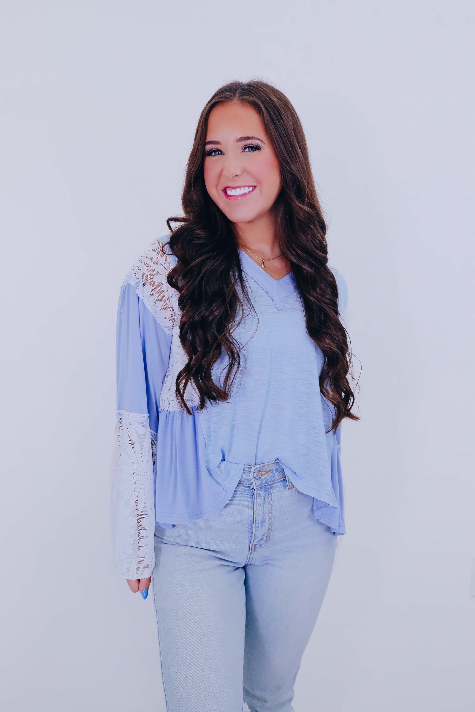 POL Floral Half Button Lace Detail Long Sleeve Womens Top