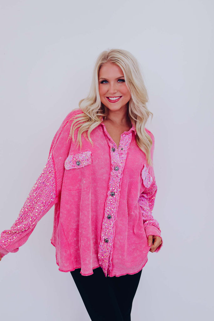 Elsie Contrasting Sequin Shacket - Pink – Whiskey Darling Boutique