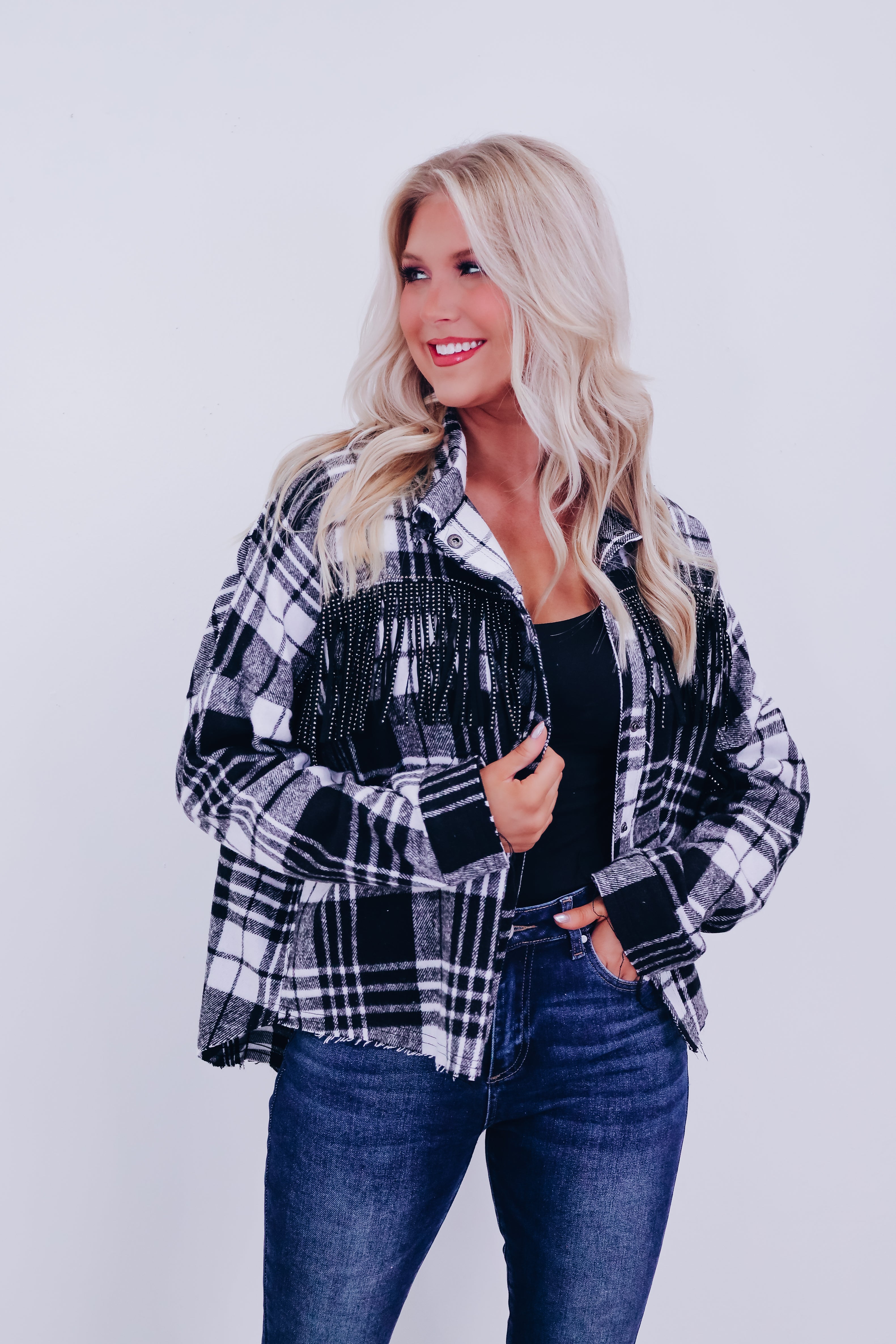 Lawson Plaid Flannel Fringe Shacket Black White Whiskey Darling Boutique