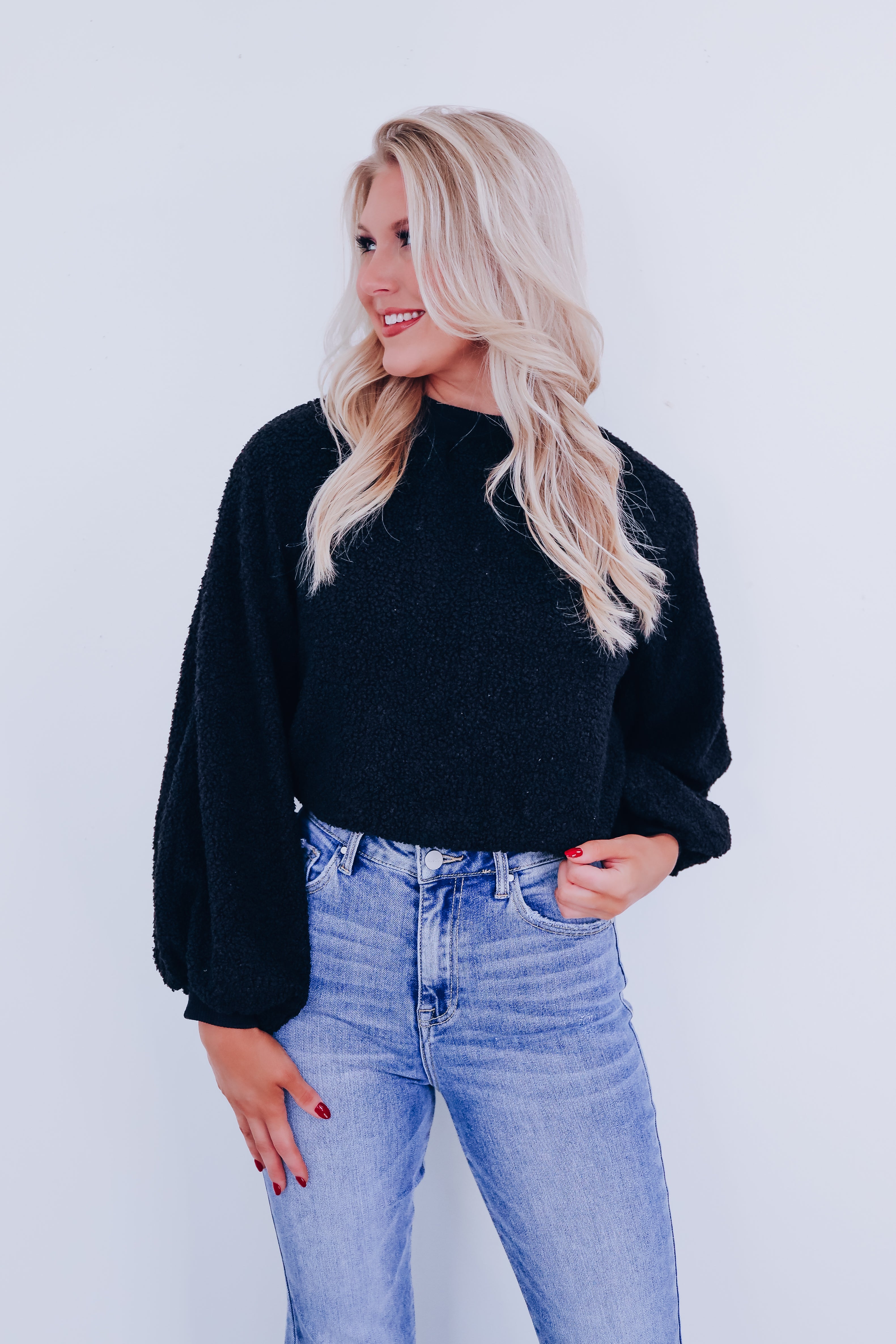 Bell Cropped Sherpa Sweater Black Whiskey Darling Boutique