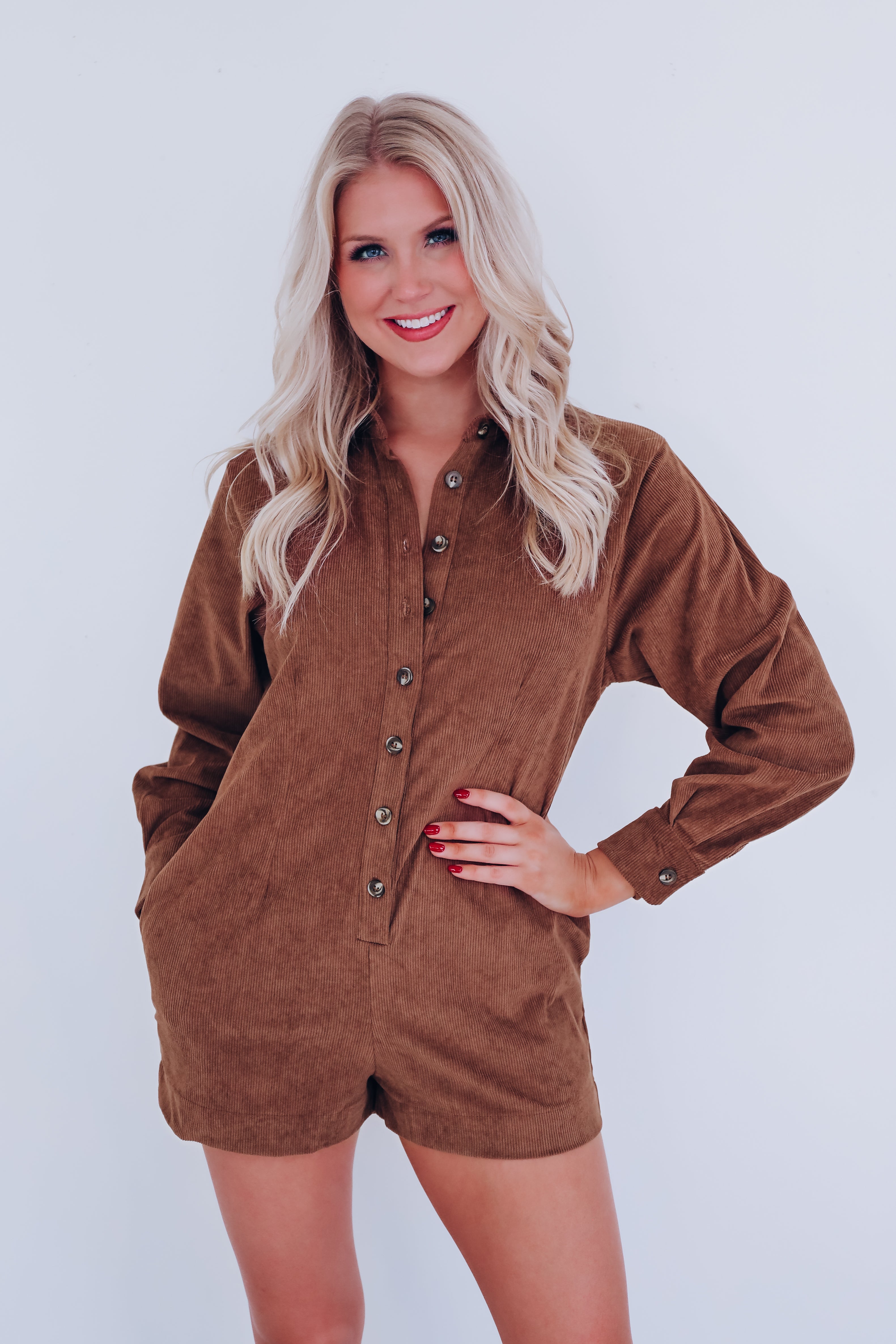 Carefree Corduroy Romper Brown Whiskey Darling Boutique