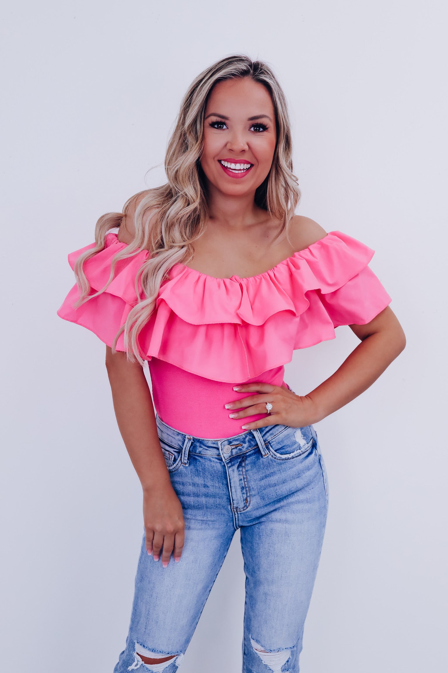 Radiant Ruffled Off Shoulder Bodysuit Pink Whiskey Darling Boutique