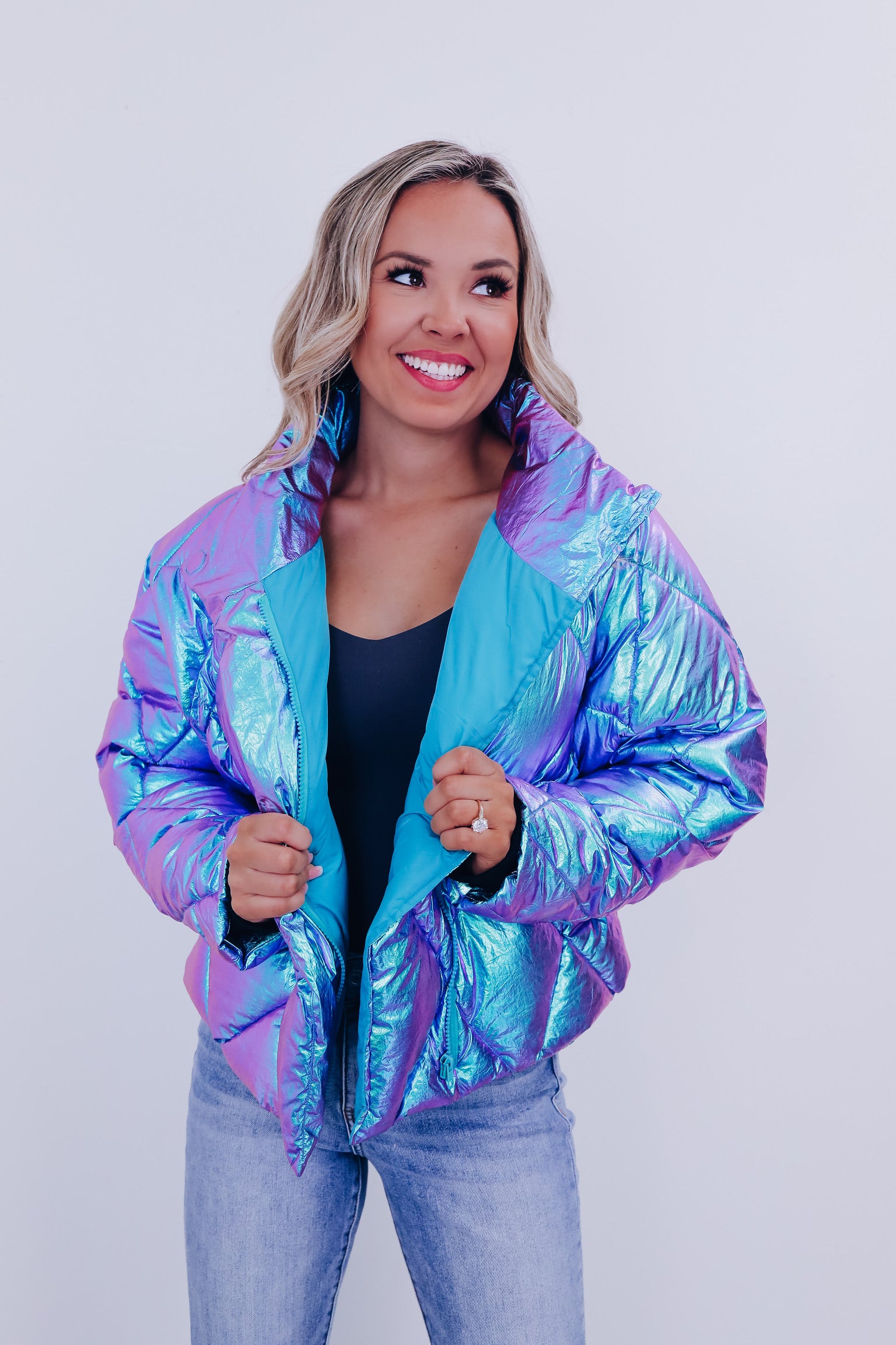 Iridescent puffer coat on sale