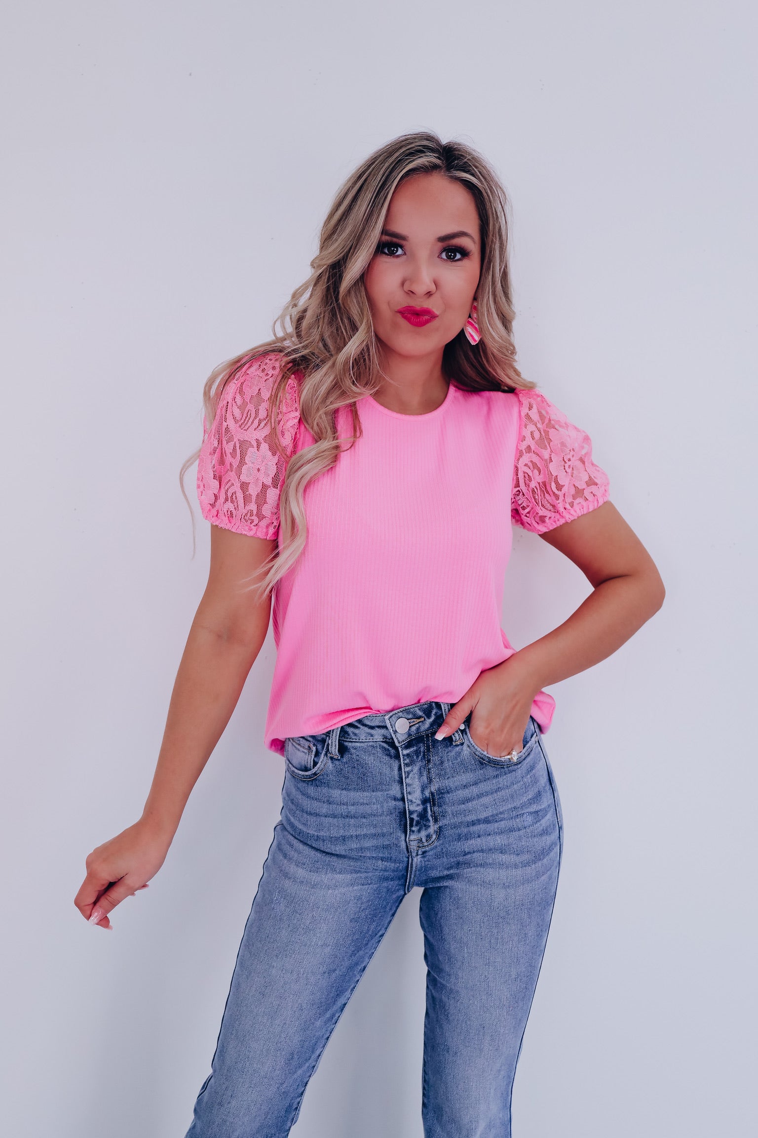 Lovely Lace Puff Sleeve Top - Pink